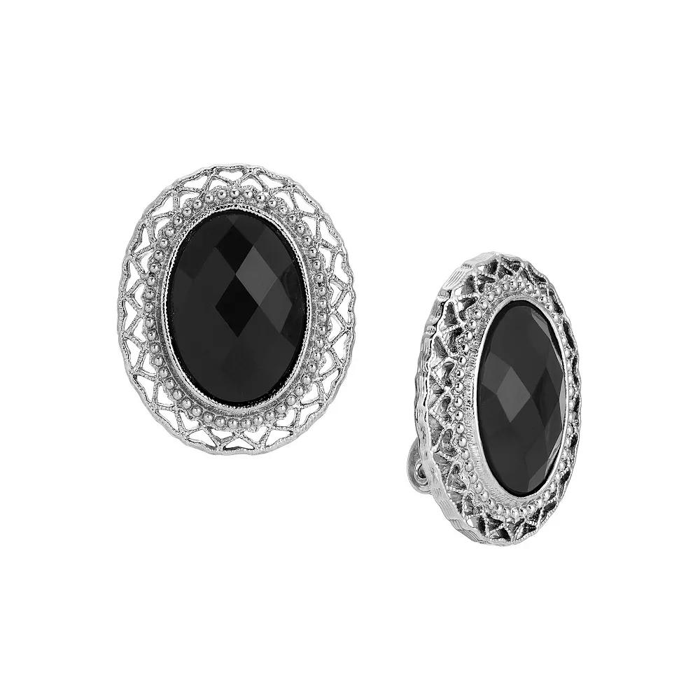 1928 Silver Tone Acrylic Oval Black Clip On Earrings, Womens Product Image