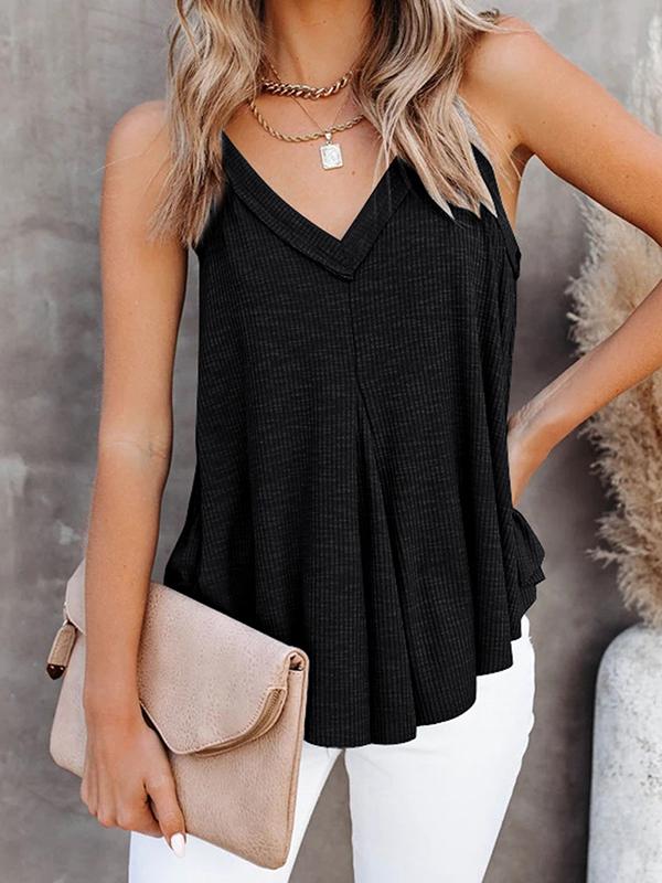 Loose Sleeveless Pleated Solid Color V-Neck Vest Top Product Image