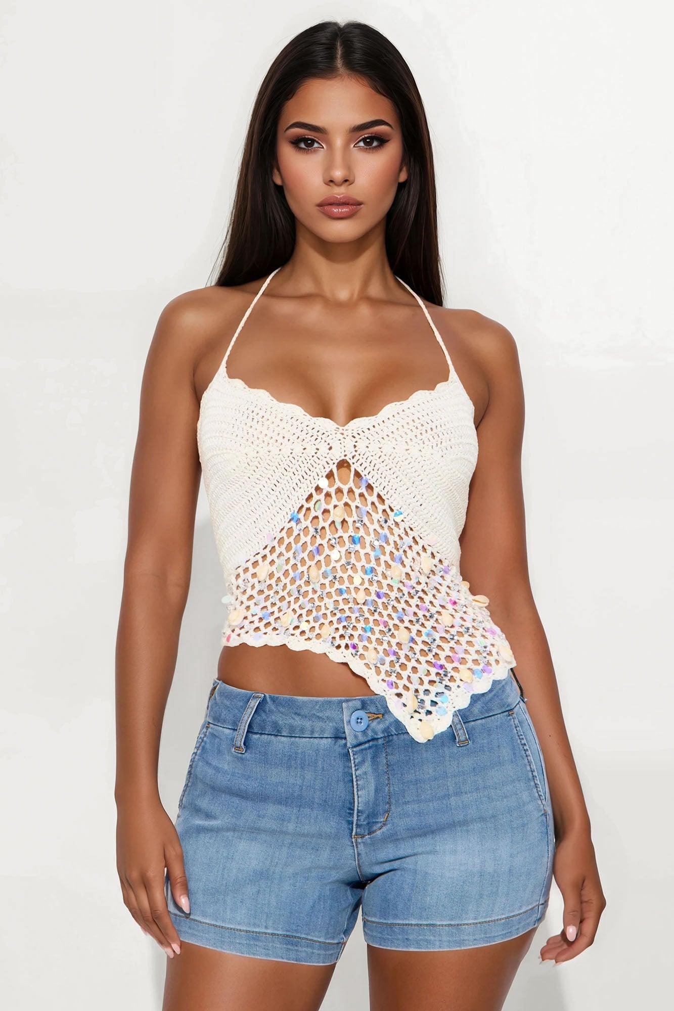 Catch Me By The Shore Sequin Crochet Top - Cream Female Product Image