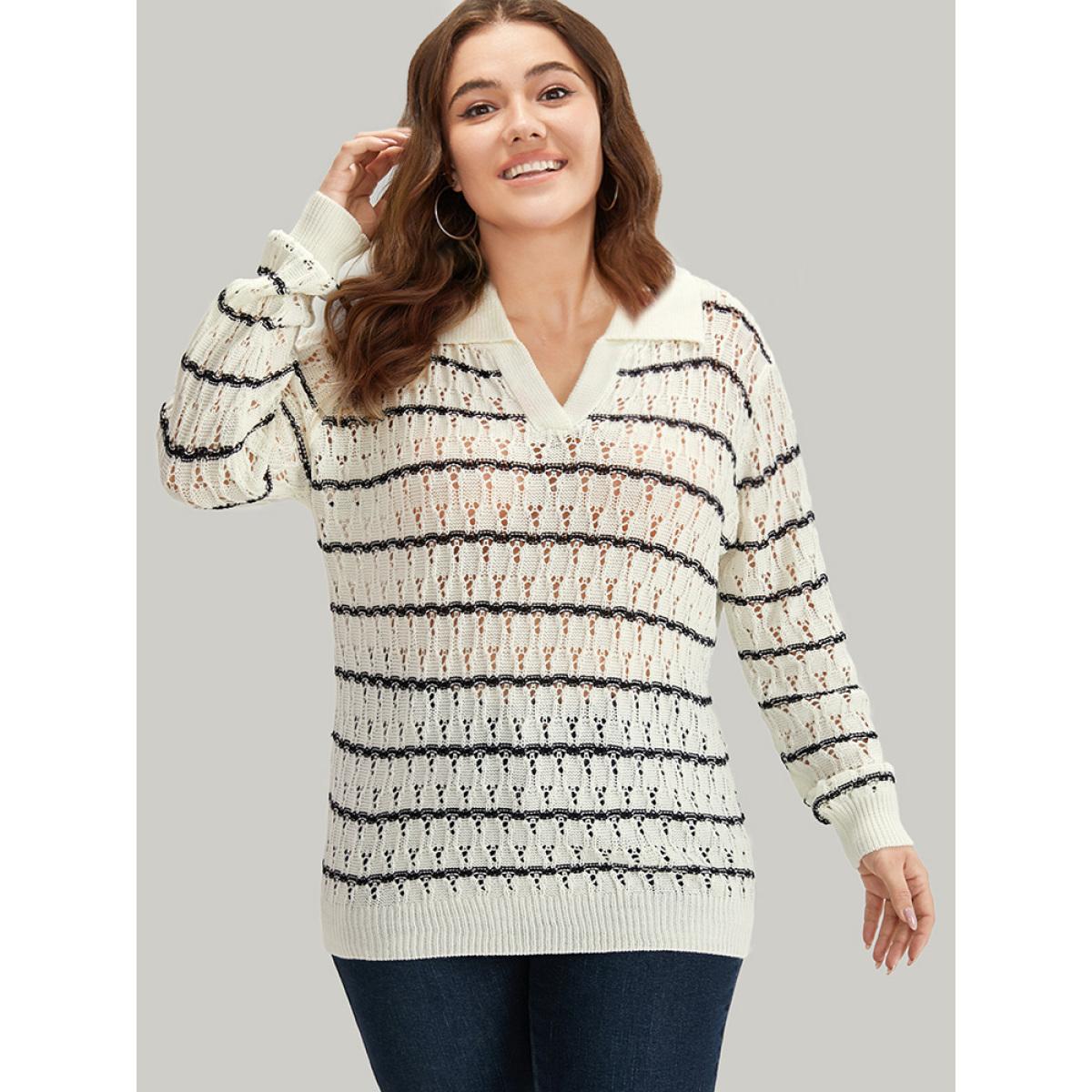 Plus Size Striped Hollow Out Lapel Collar Pullover Beige Women Casual Bodycon Long Sleeve Lapel Collar Dailywear Pullovers BloomChic 18-20/2X Product Image