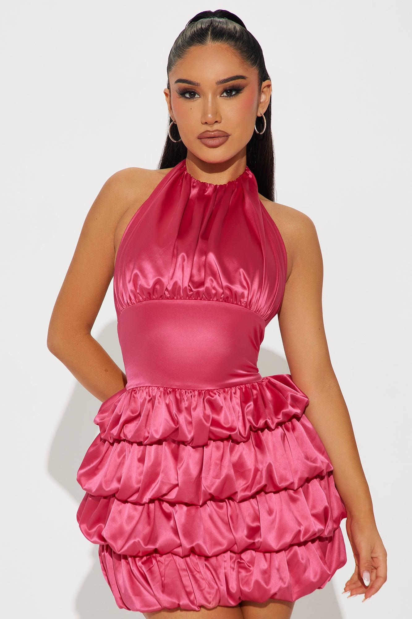 Out The Gallery Satin Bubble Mini Dress - Pink Product Image