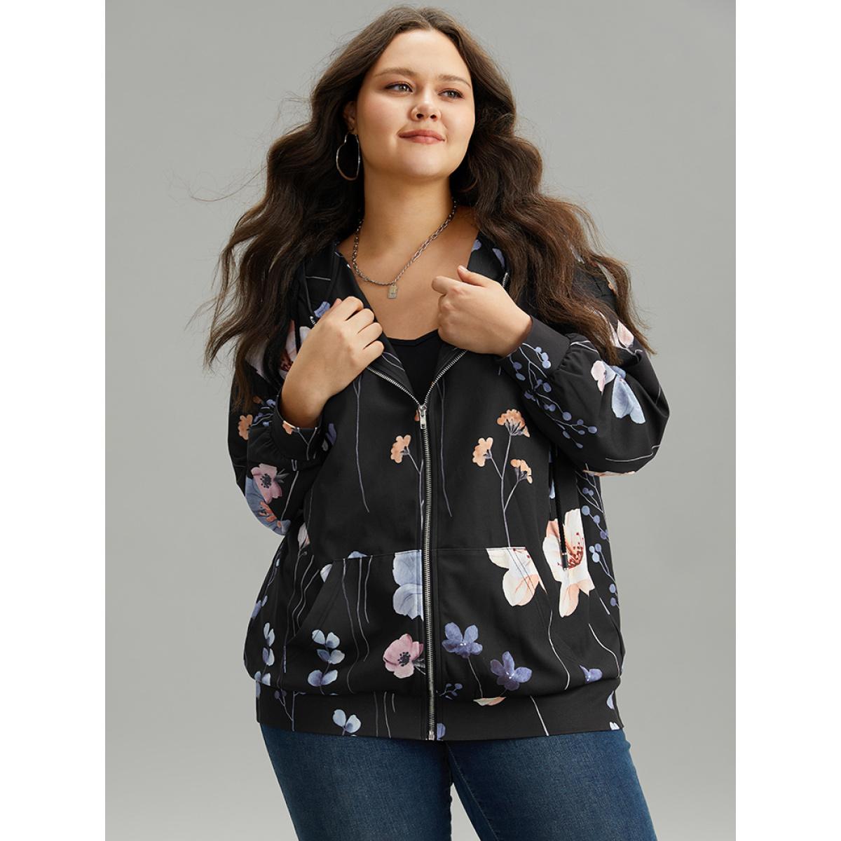 Plus Size Floral Print Zipper Hooded Pocket Windbreaker Women Black Printed Pocket Dailywear Jackets BloomChic 26/4X Product Image