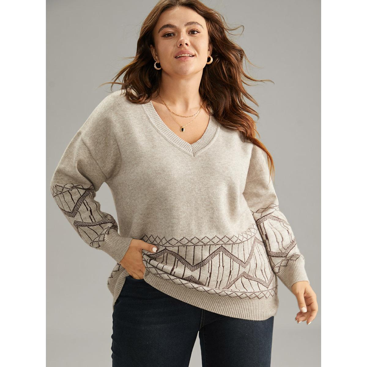 Plus Size Supersoft Essentials Geometric Graphic V Neck Pullover LightBrown Women Casual Loose Long Sleeve V-neck Dailywear Pullovers BloomChic 14-16/1X Product Image