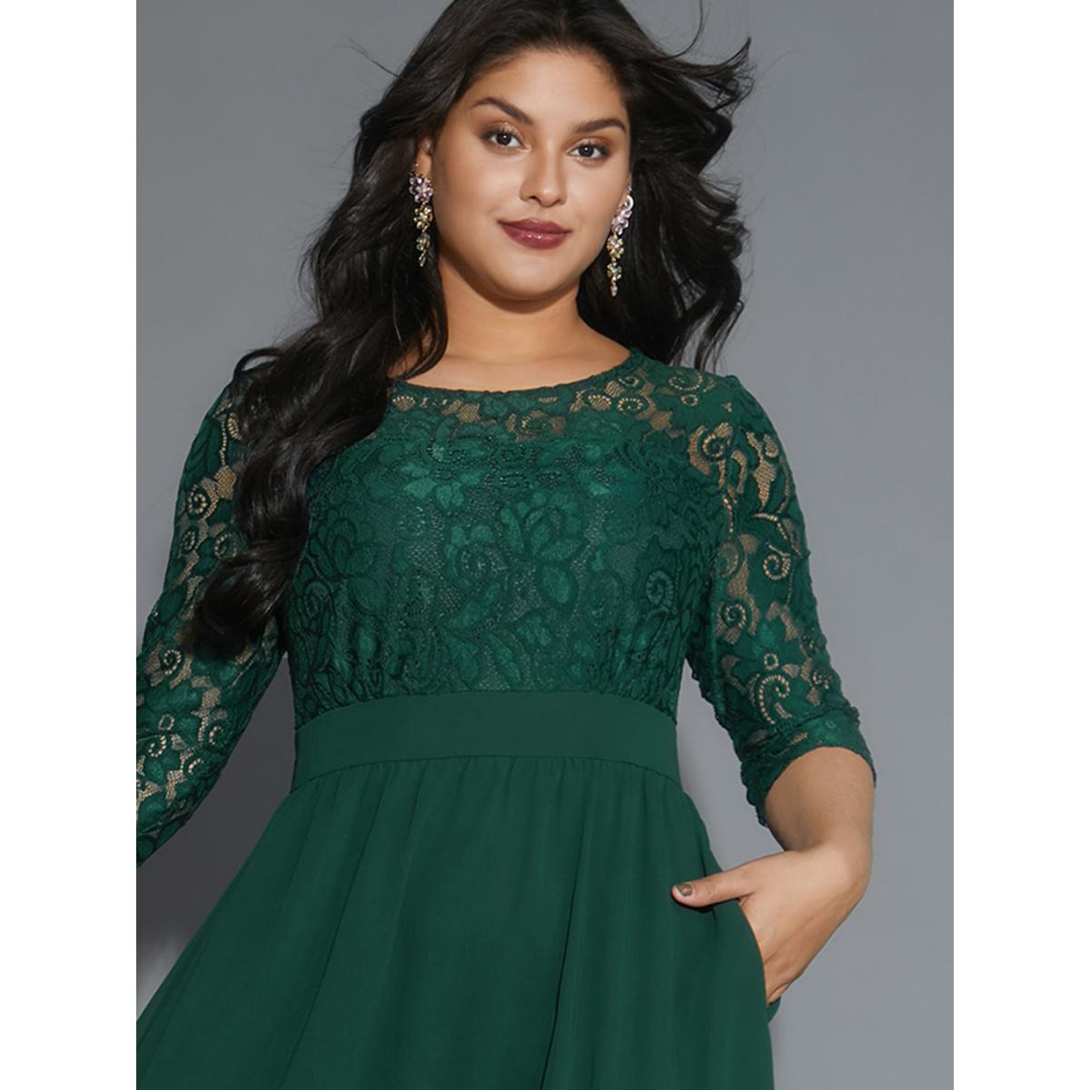 Plus Size Lace Patchwork Shirred Midi Pocket Dress DarkGreen Women Cocktail Woven ribbon&lace trim Round Neck Elbow-length sleeve Curvy BloomChic 18-20/2X Product Image