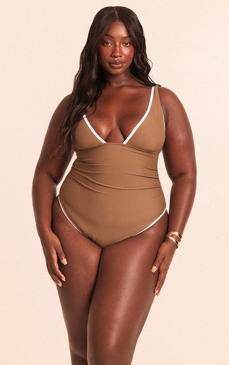 Plus Mushroom Contrast Binding Plunge Ruched Swimsuit Product Image