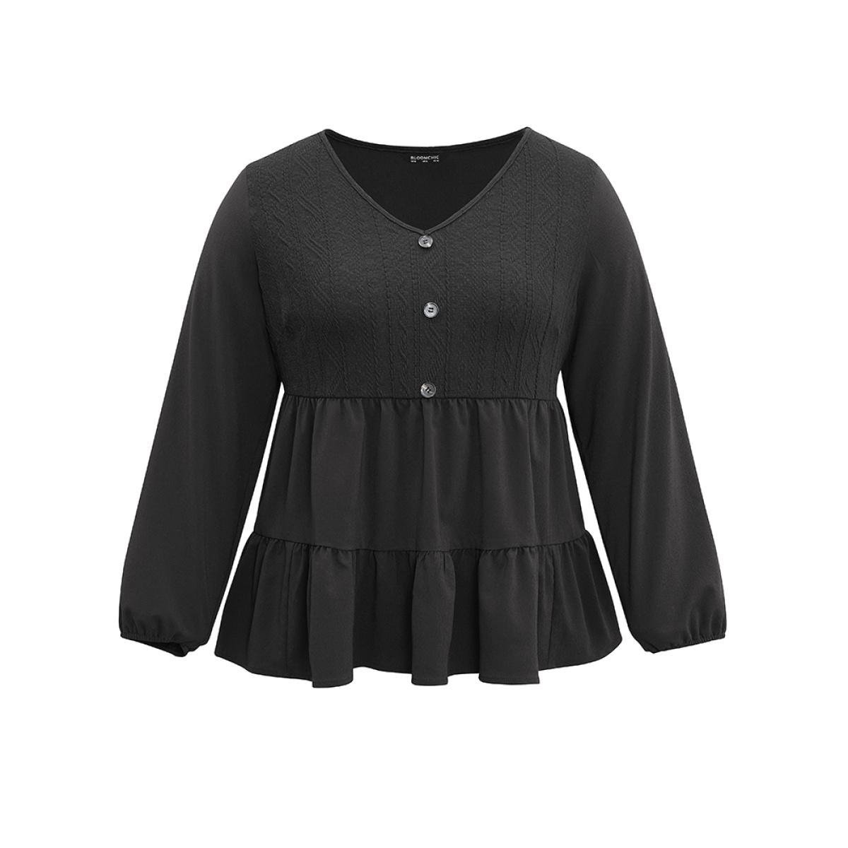 Plus Size Black Solid Textured Button Detail Ruffle Layered Hem Blouse Women Casual Long Sleeve V-neck Office Blouses BloomChic 14-16/1X Product Image
