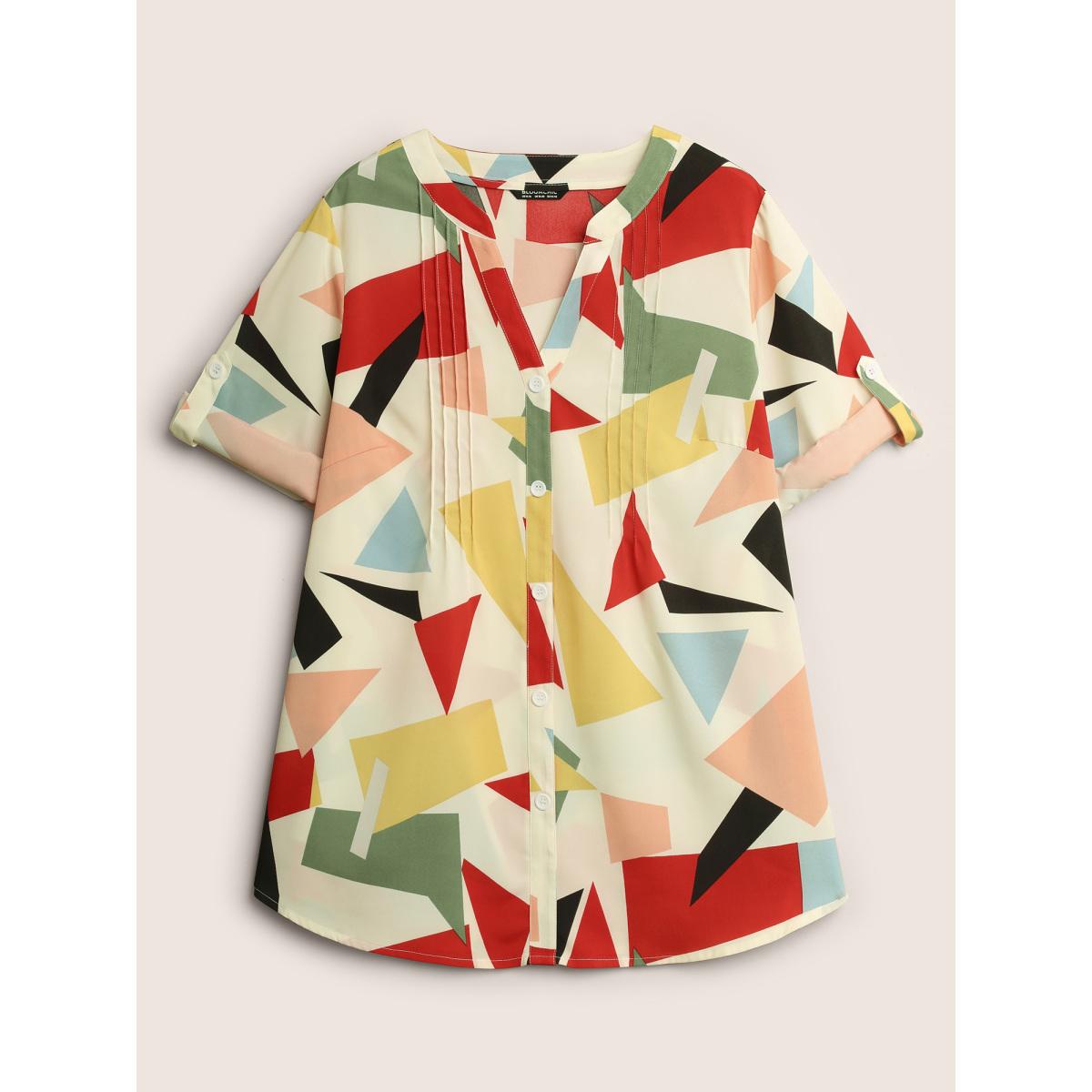 Plus Size Ivory Geometric Notched Pleated Tab Sleeve Blouse Women At the Office Elbow-length sleeve Flat collar Work Blouses BloomChic 22-24/3X Product Image