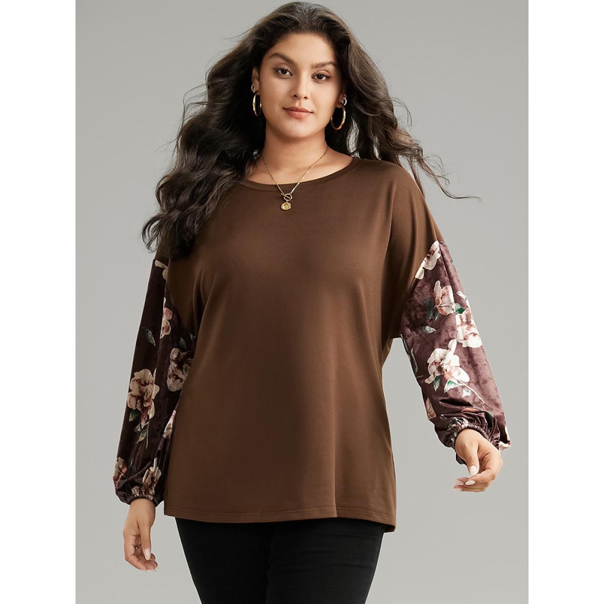Plus Size Velvet Floral Print Patchwork Contrast Sweatshirt Women DarkBrown Casual Velvet Round Neck Dailywear Sweatshirts BloomChic 30/6X Product Image