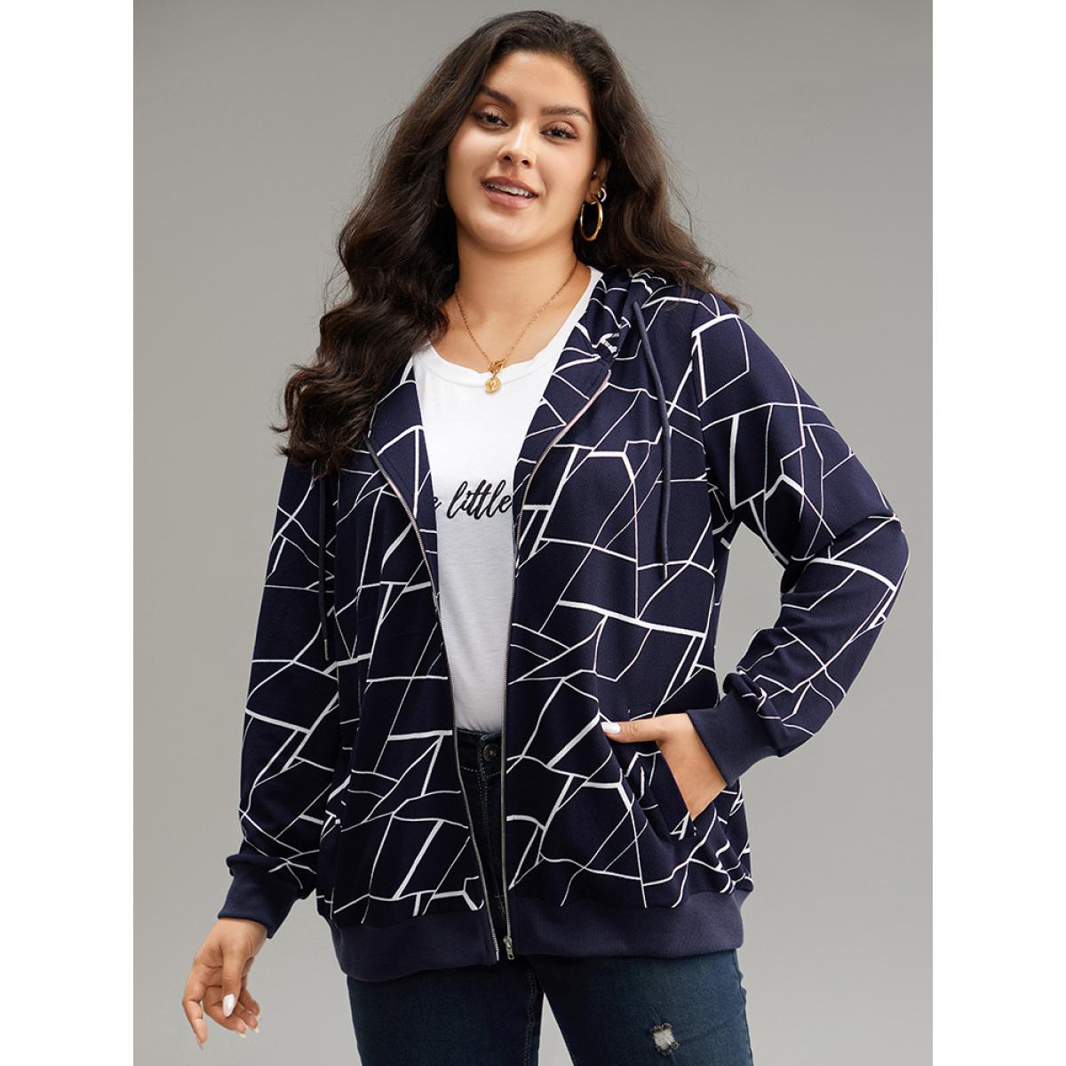 Plus Size Geometric Zipper Hooded Drawstring Sweatshirt Women Midnight Casual Printed Hooded Dailywear Sweatshirts BloomChic 28/5X Product Image