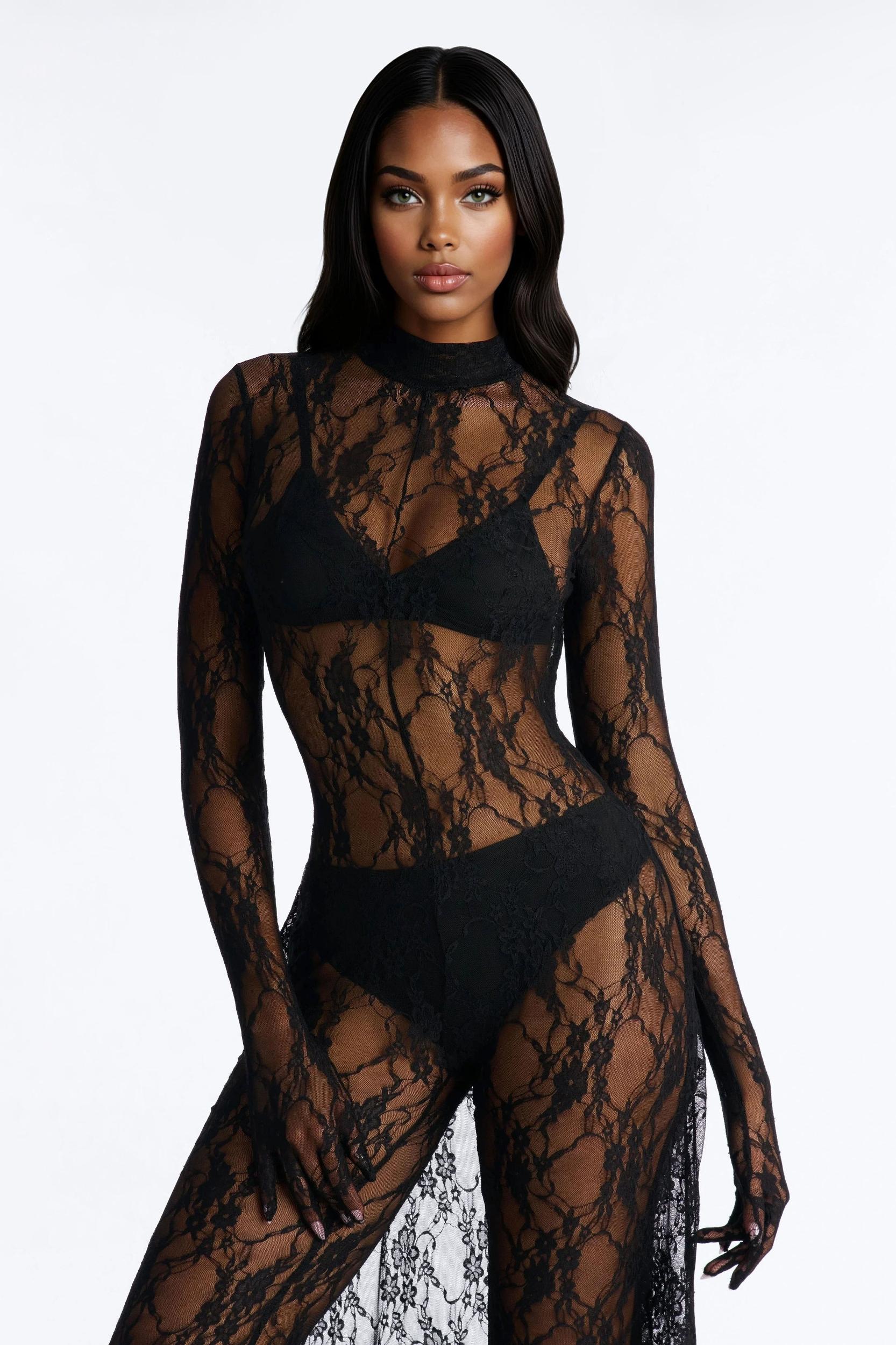 Candace Lace Gloved 3 Piece Jumpsuit Set - Black Female Product Image