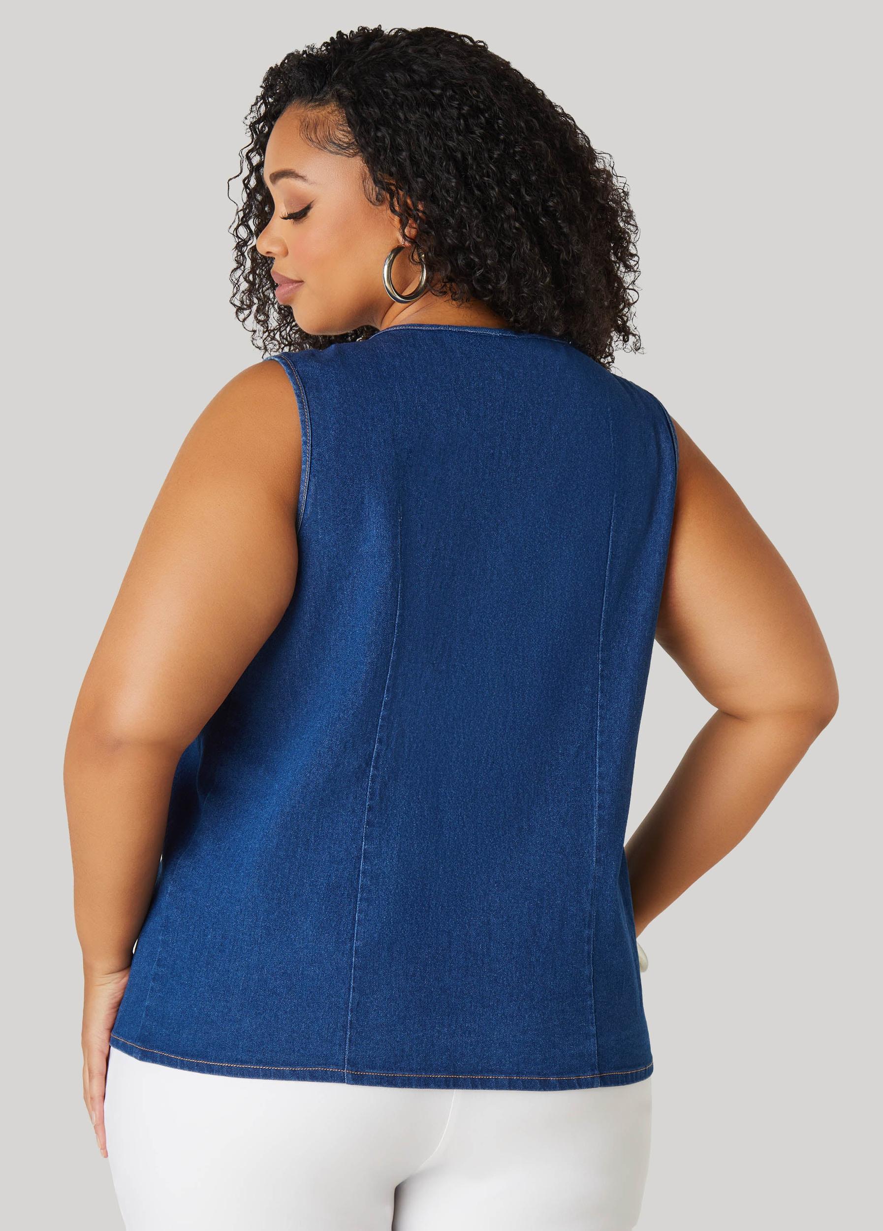 Plus Size Frayed Denim Top Ashley Stewart Product Image