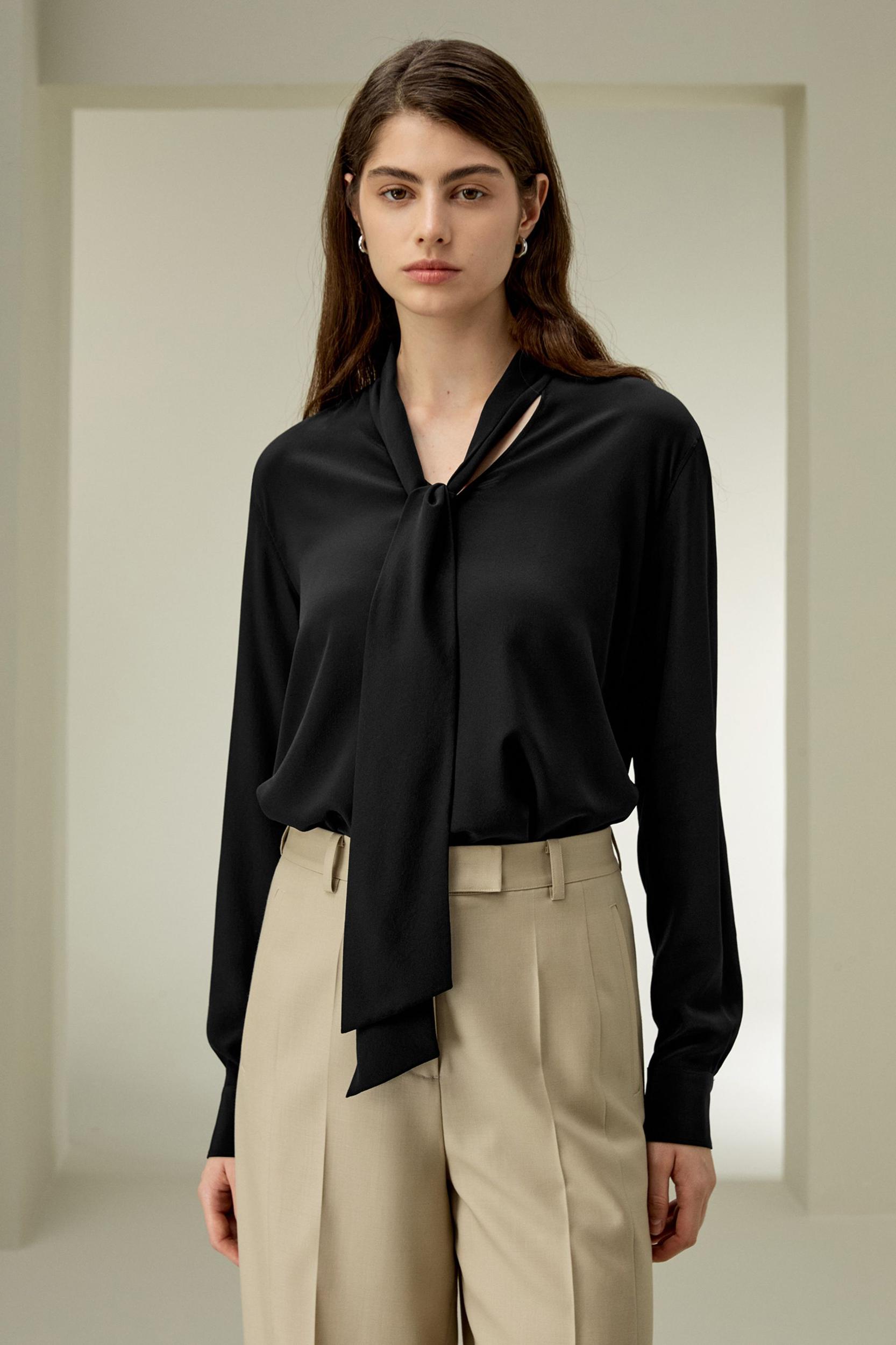 LILYSILK Womens Button Up Shirt Silk - Black Mulberry Silk - Versatile Deep V-Neck Tops S Product Image