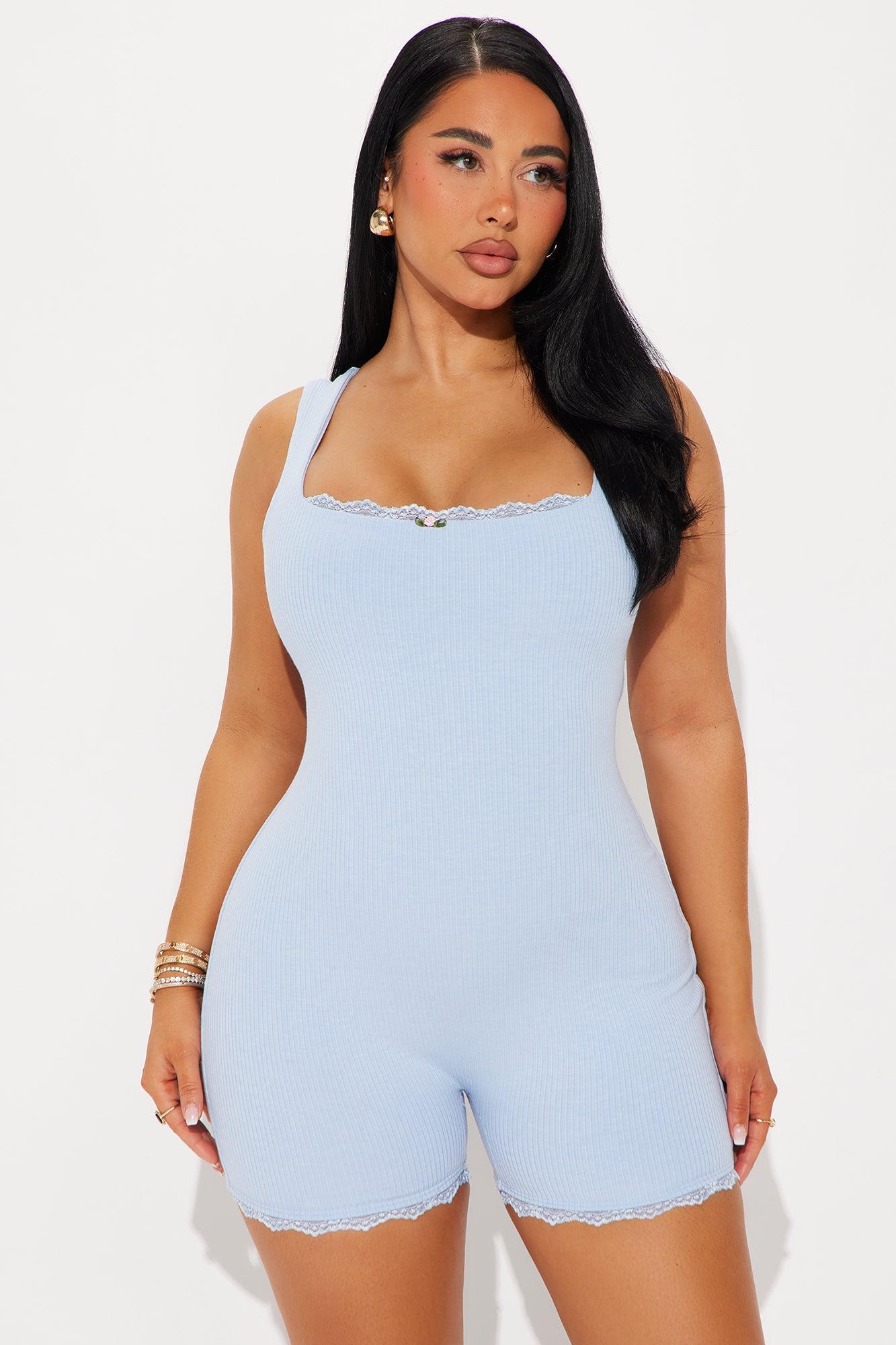 Stephie Double Lined Ribbed Romper - Light Blue Product Image