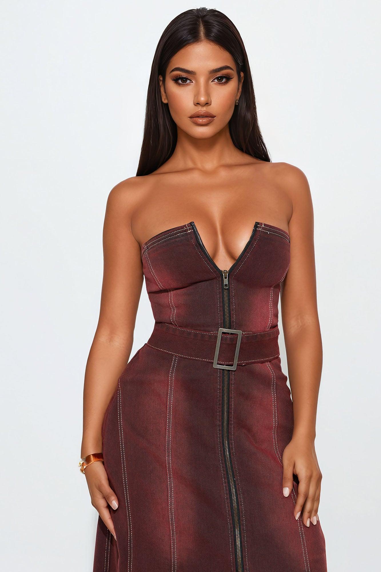 Mila Denim Maxi Dress - Burgundy Product Image