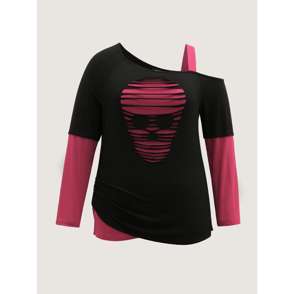 Plus Size 2-in-1 Supersoft Spooky Skull Print T-Shirt Burgundy Women Leisure Halloween Asymmetrical Neck Bodycon Casual T-shirts BloomChic 14-16/1X Product Image