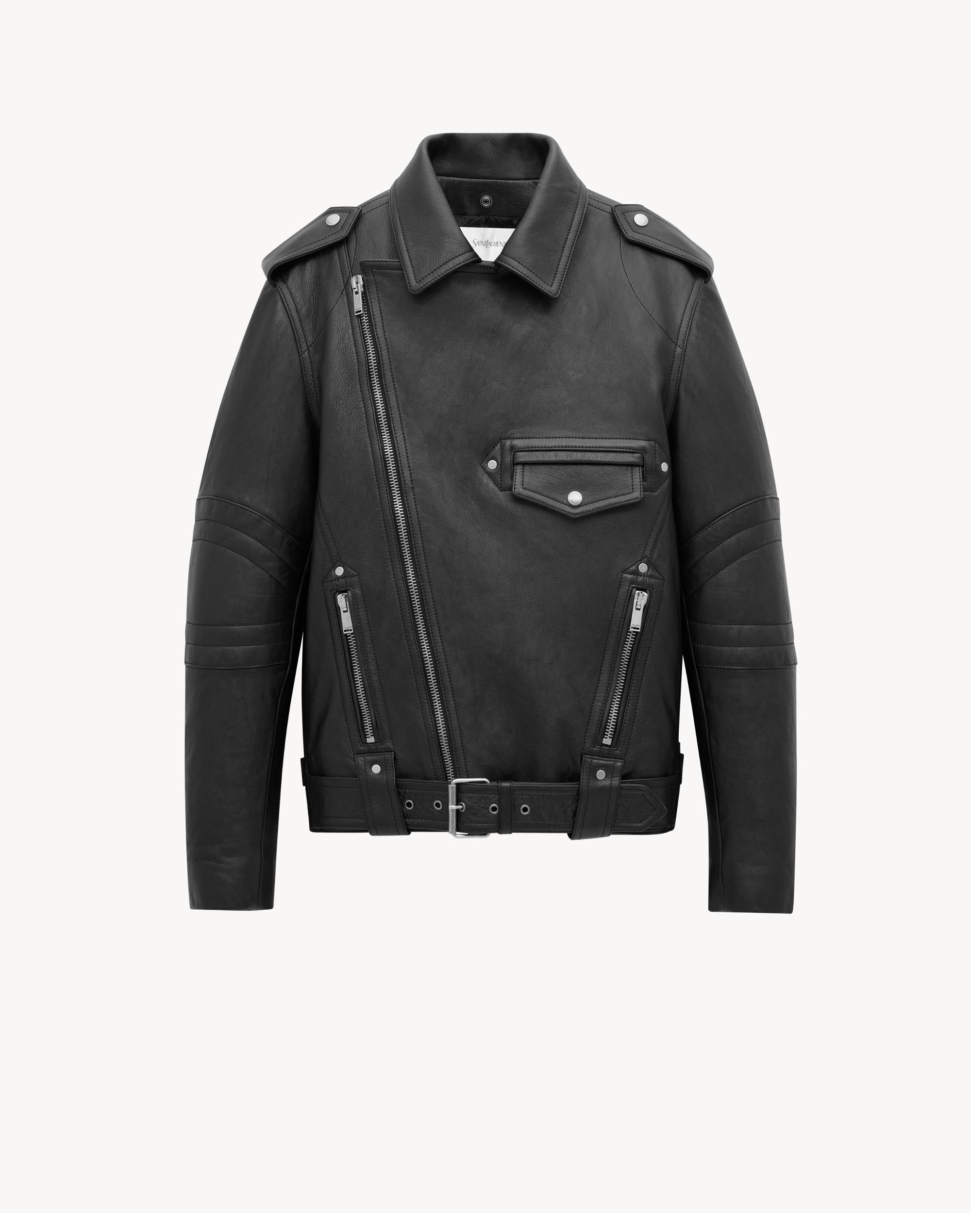 biker jacket in vintage leather and shearling Product Image