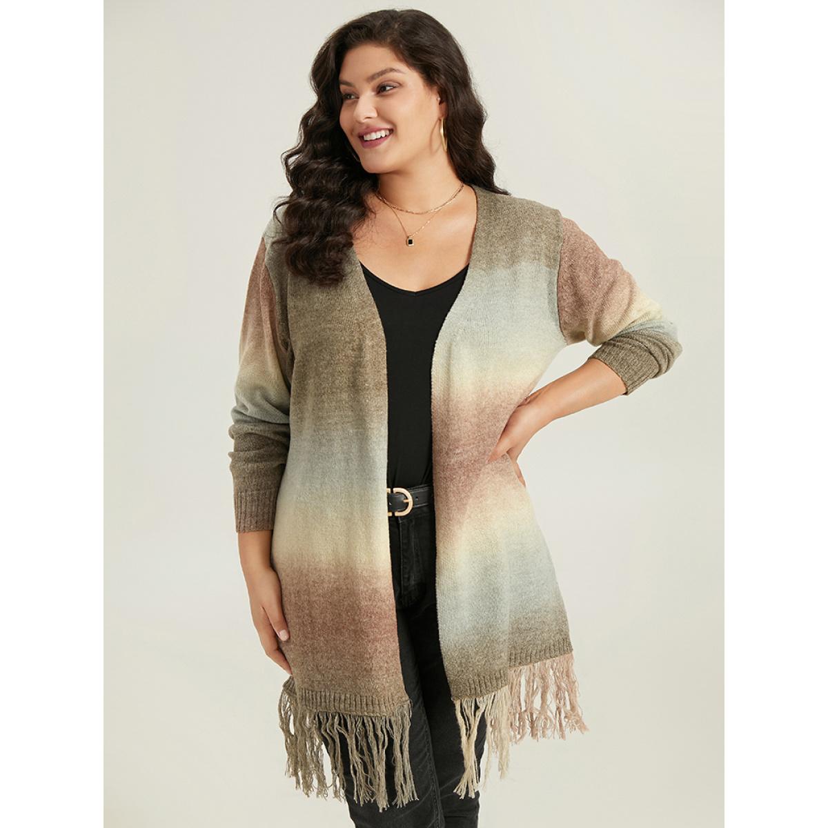 Plus Size Ombre Fringe Trim Open Front Cardigan Multicolor Women Casual Loose Long Sleeve Dailywear Cardigans BloomChic 26/4X Product Image