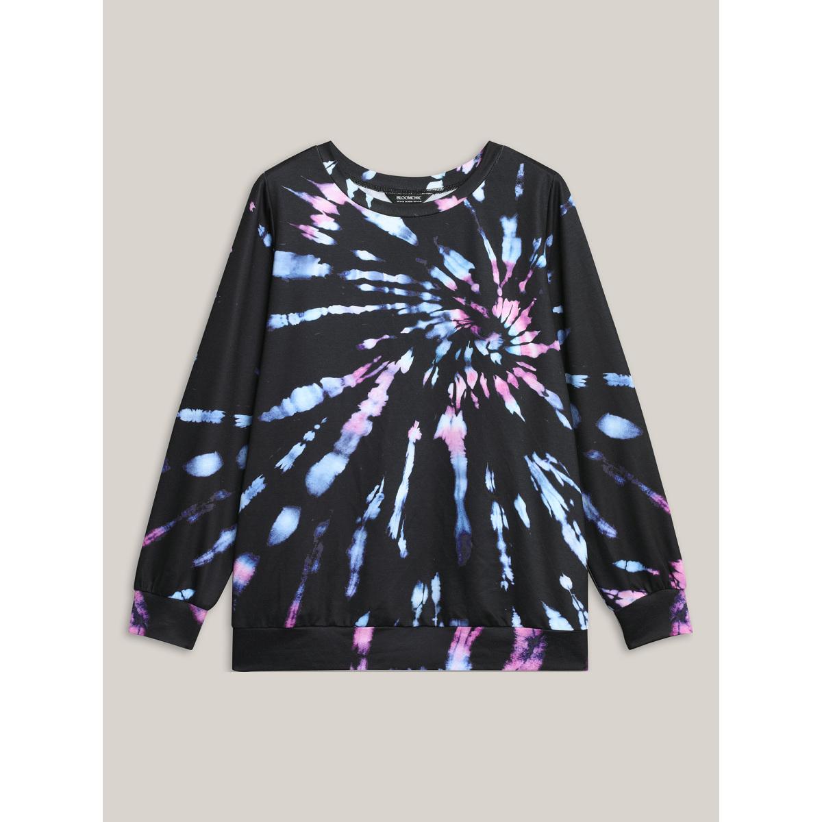 Plus Size Tie-Dye Stretchy Crew Neck Sweatshirt Women Black Casual Contrast Round Neck Everyday Sweatshirts BloomChic 14-16/1X Product Image