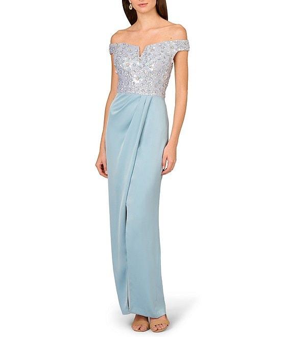 Aidan Mattox Beaded Mesh Off-The-Shoulder Cap Sleeve Satin Column Dress Product Image