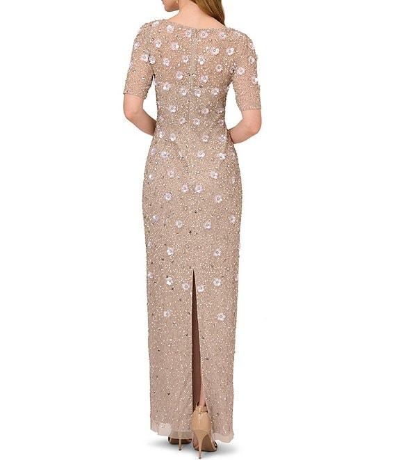 Adrianna Papell Floral Beaded Mesh Round Neck Short Sleeve Gown Product Image