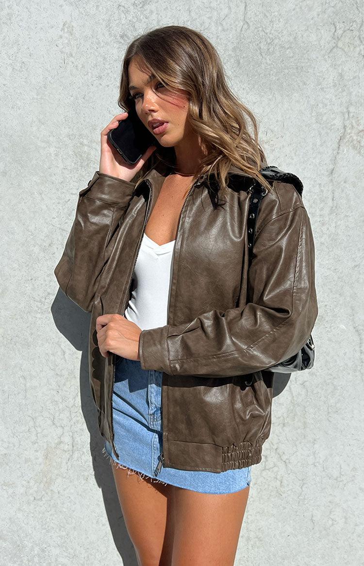 Abbi PU Vintage Brown Bomber Jacket Girls Product Image