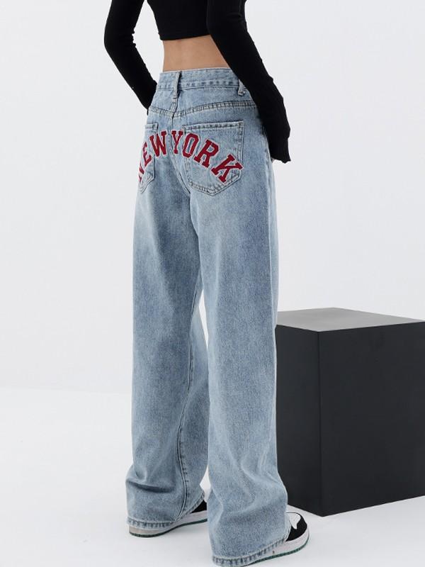 Back Embroidered Baggy Boyfriend Jeans Product Image