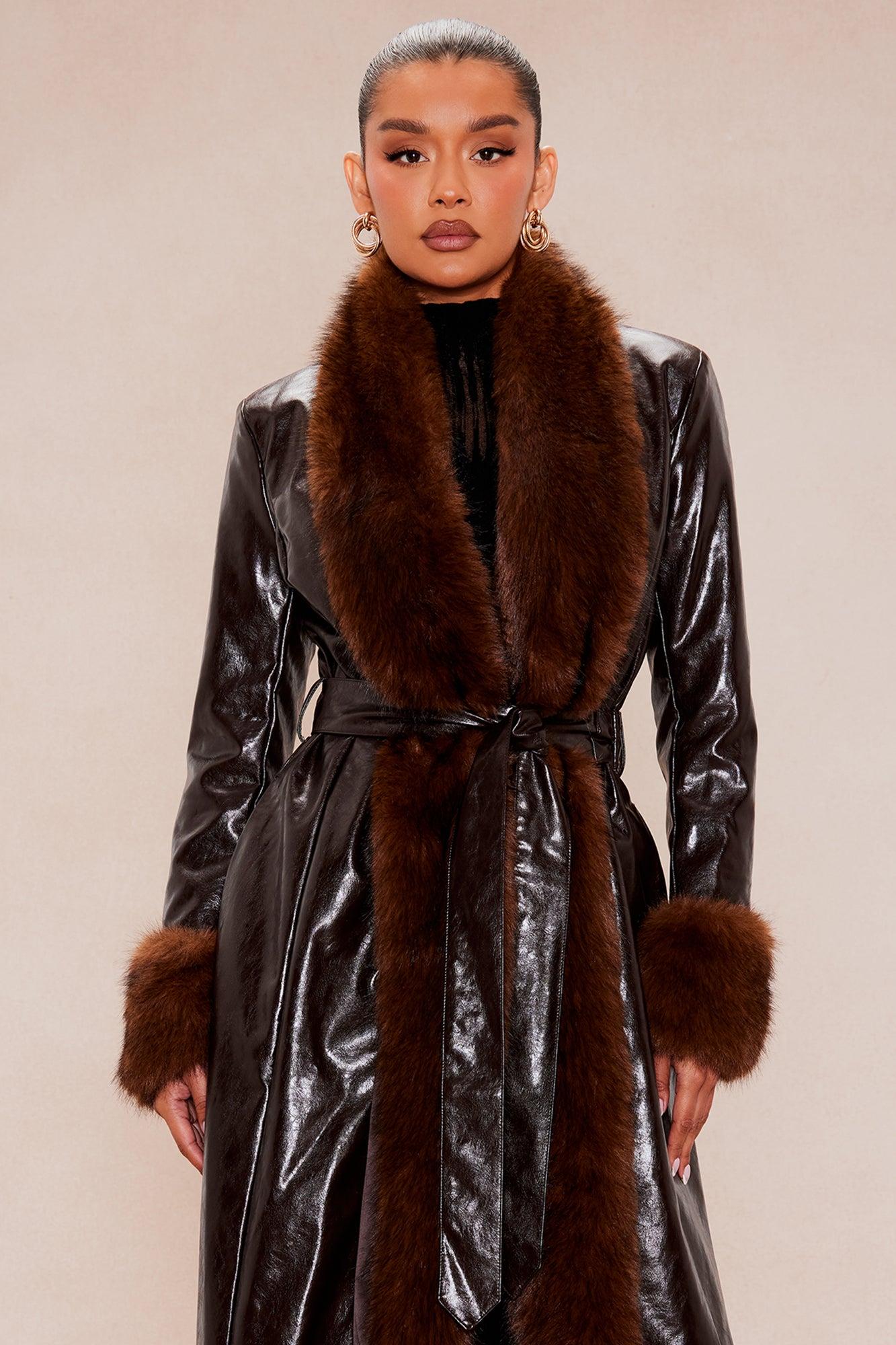 Iris Fur Faux Leather Coat - Chocolate Female Product Image