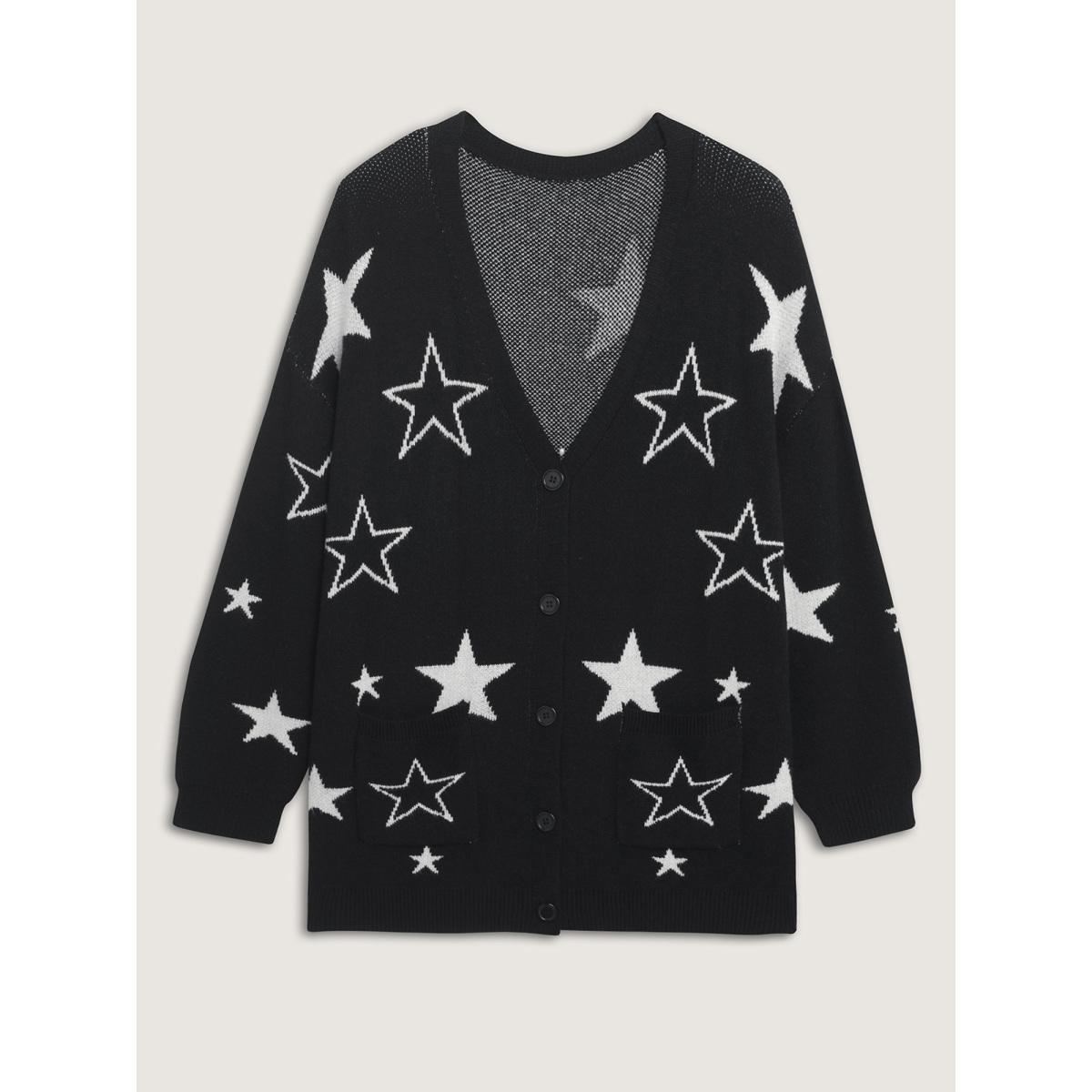 Plus Size Supersoft Star Jacquard Pockets Button Knit Cardigan Black Women Playful Loose Long Sleeve Casual Cardigans BloomChic 26/4X Product Image