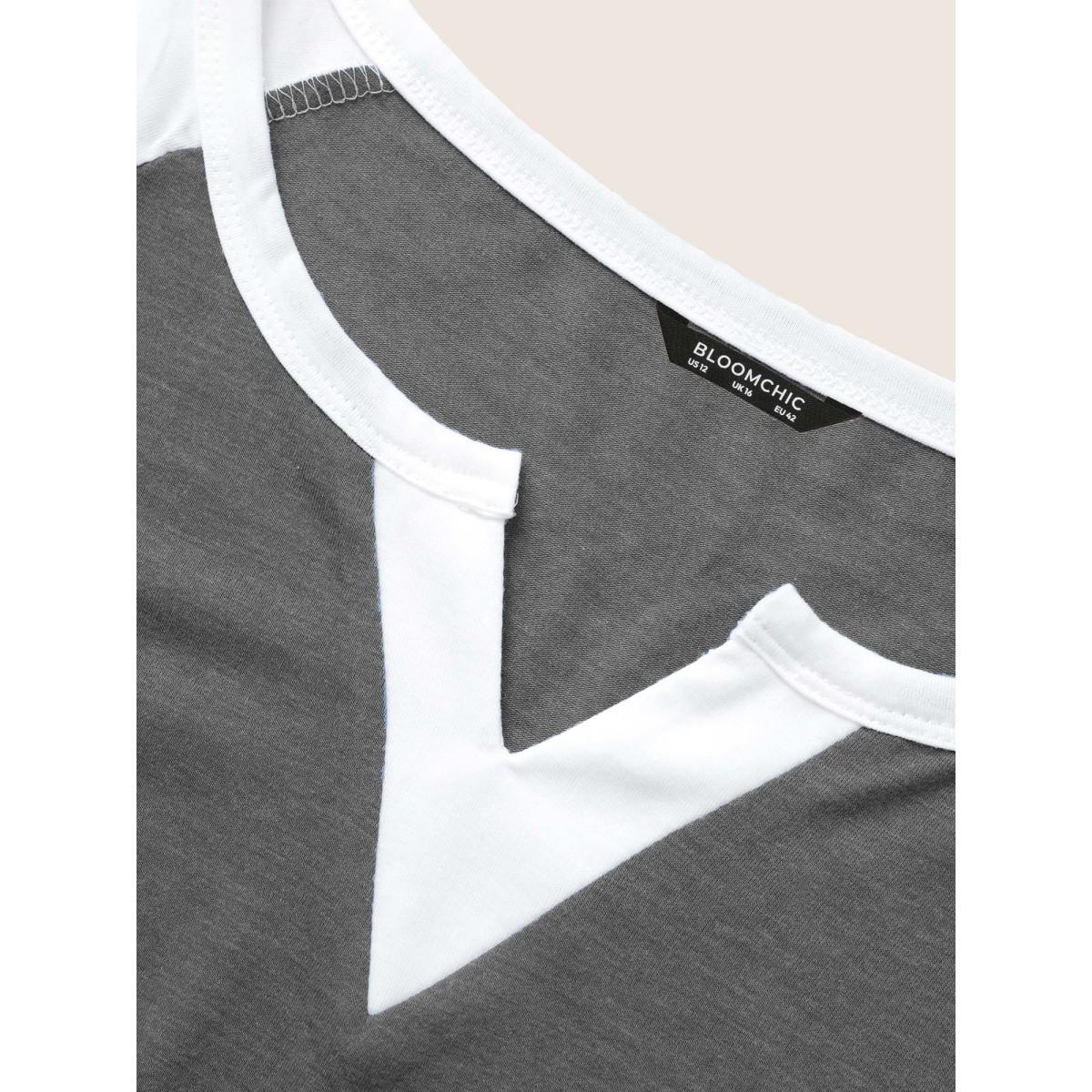 Plus Size Colorblock Contrast Notched Raglan Sleeve T-shirt DimGray Women Casual Plain Everyday T-shirts BloomChic 28/5X Product Image