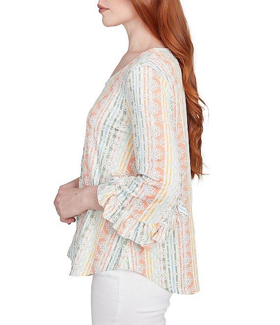 Ruby Rd. Stripe Floral Puff Print V-Neck 3/4 Bell Sleeve Top Product Image