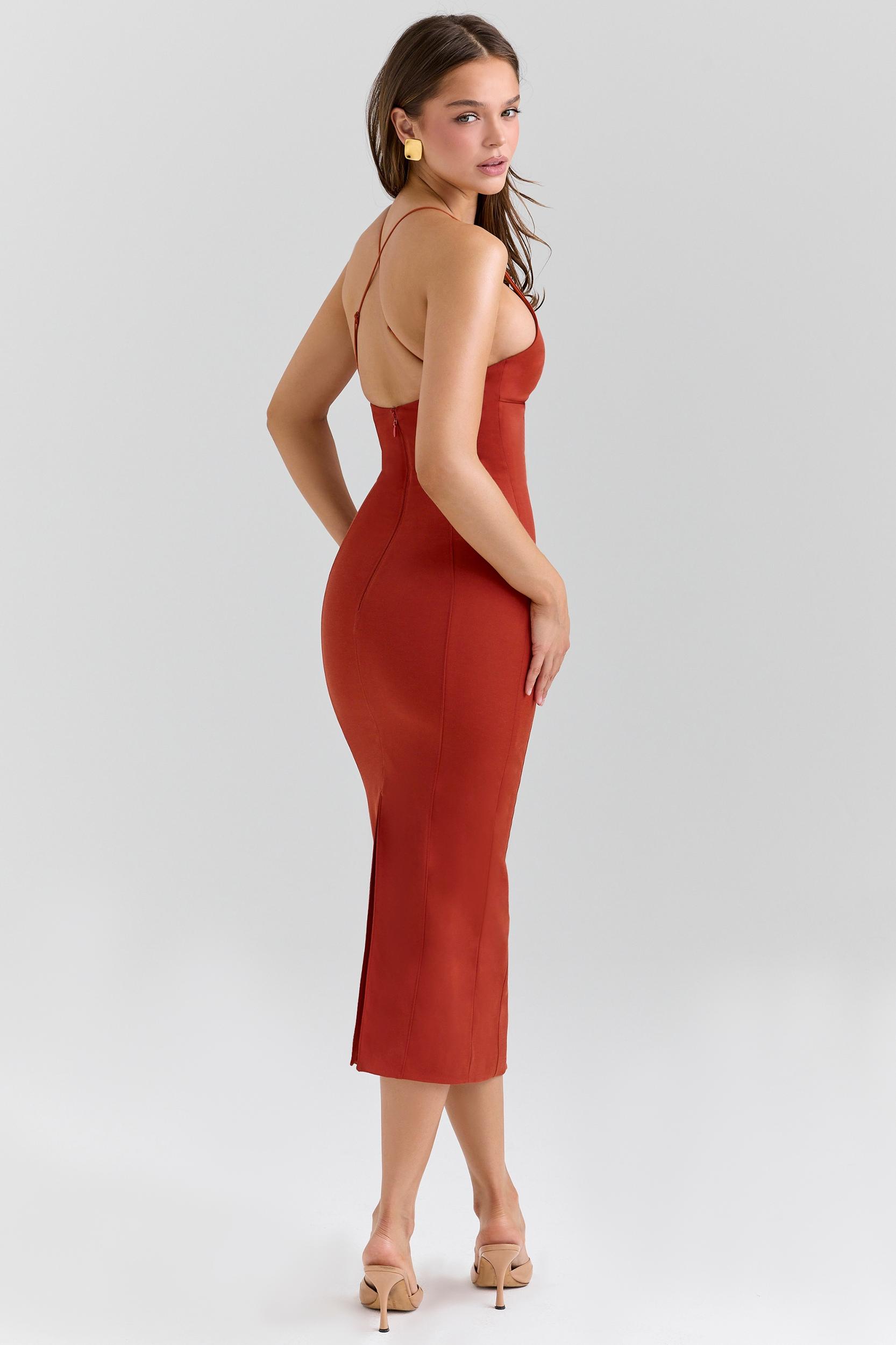 Ria  terracotta stretch cotton fitted midi dress Product Image