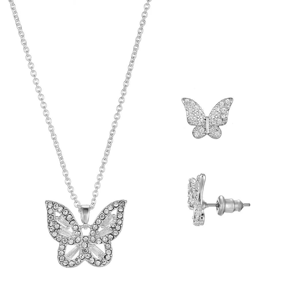 Primavera Silver Plated Cubic Zirconia Butterfly Pendant & Earring Set, Womens Silver Tone Product Image
