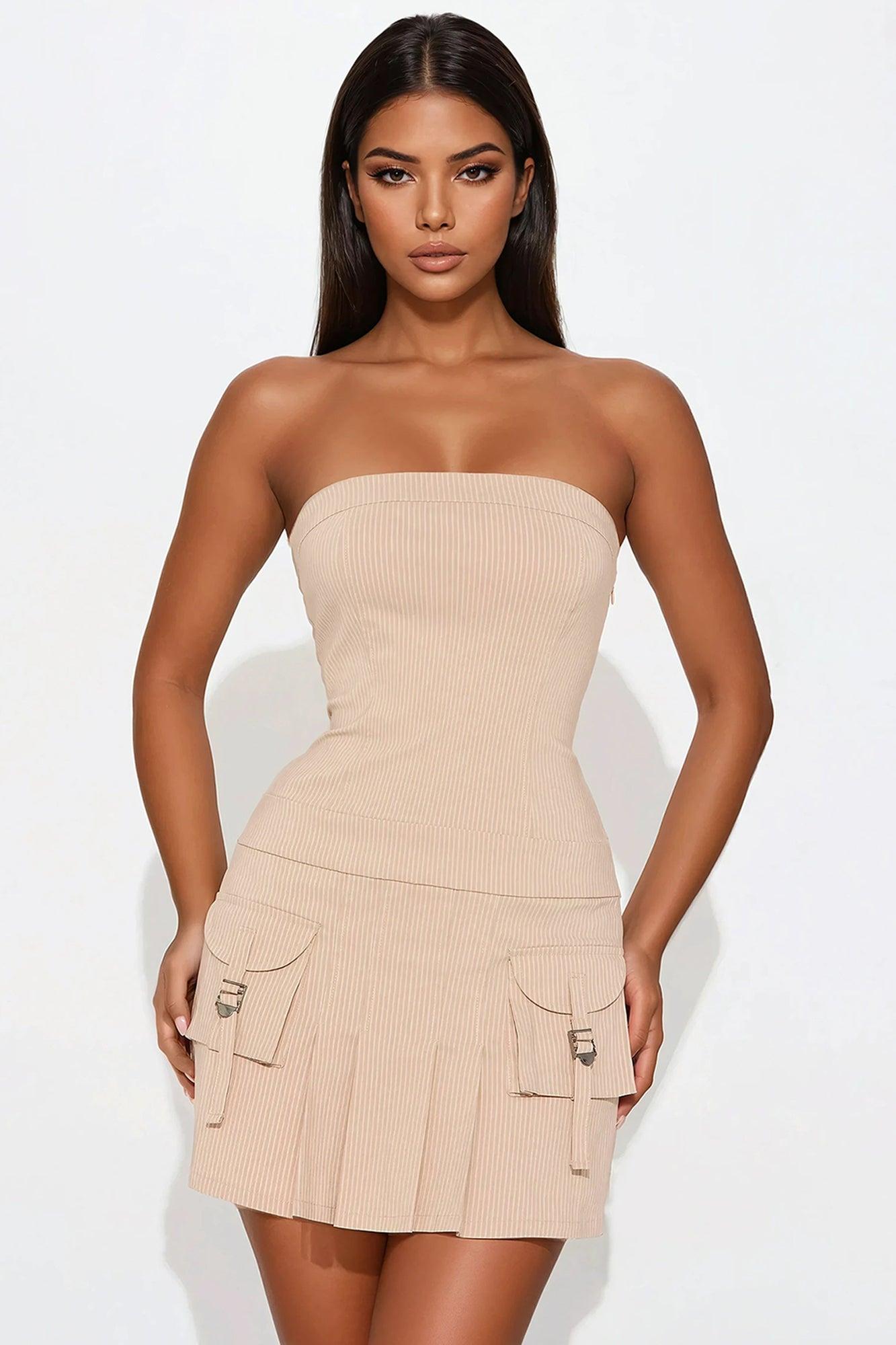Sonny Pinstripe Mini Dress - Khaki Product Image