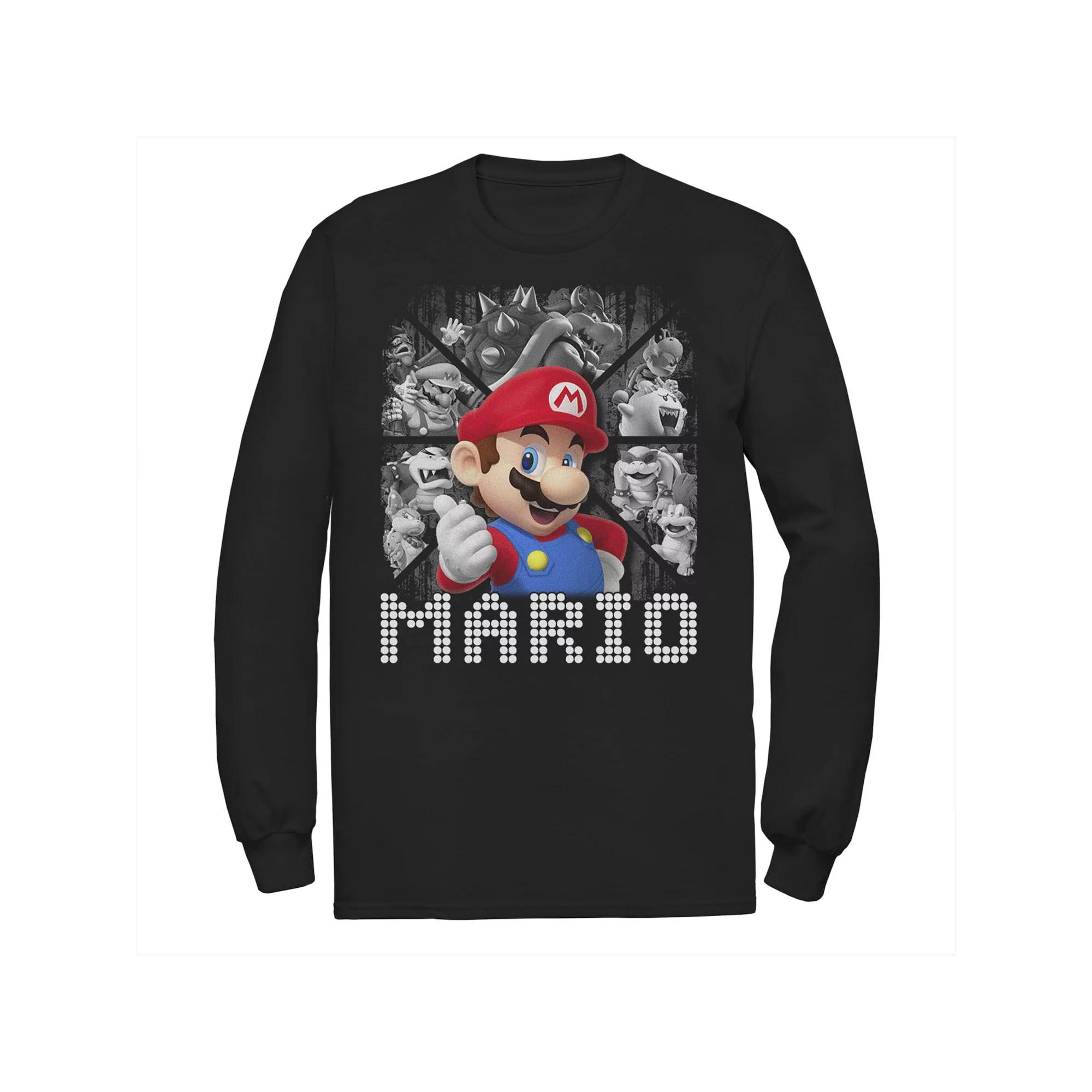Big & Tall Nintendo Super Mario Bros Characters Background Long Sleeve, Men's, Size: Large Tall, Black Product Image
