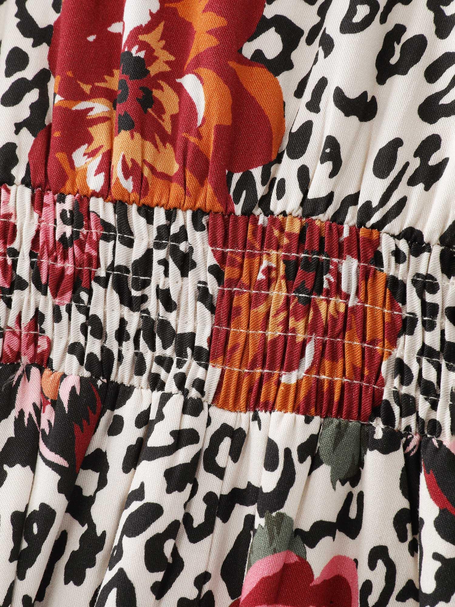 Leopard Floral Print Shirred Waist Midi Dress Female Product Image