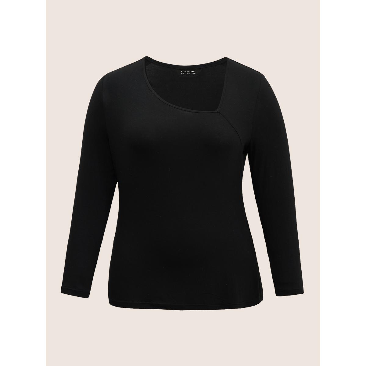 Plus Size Solid Asymmetrical Neck Knit T-shirt Black Women Elegant Non Plain Everyday T-shirts BloomChic 18-20/2X Product Image
