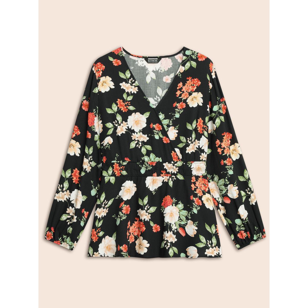 Plus Size Black Floral Elastic Waist Lantern Sleeve Blouse Women Elegant Long Sleeve V-neck Everyday Blouses BloomChic 22-24/3X Product Image