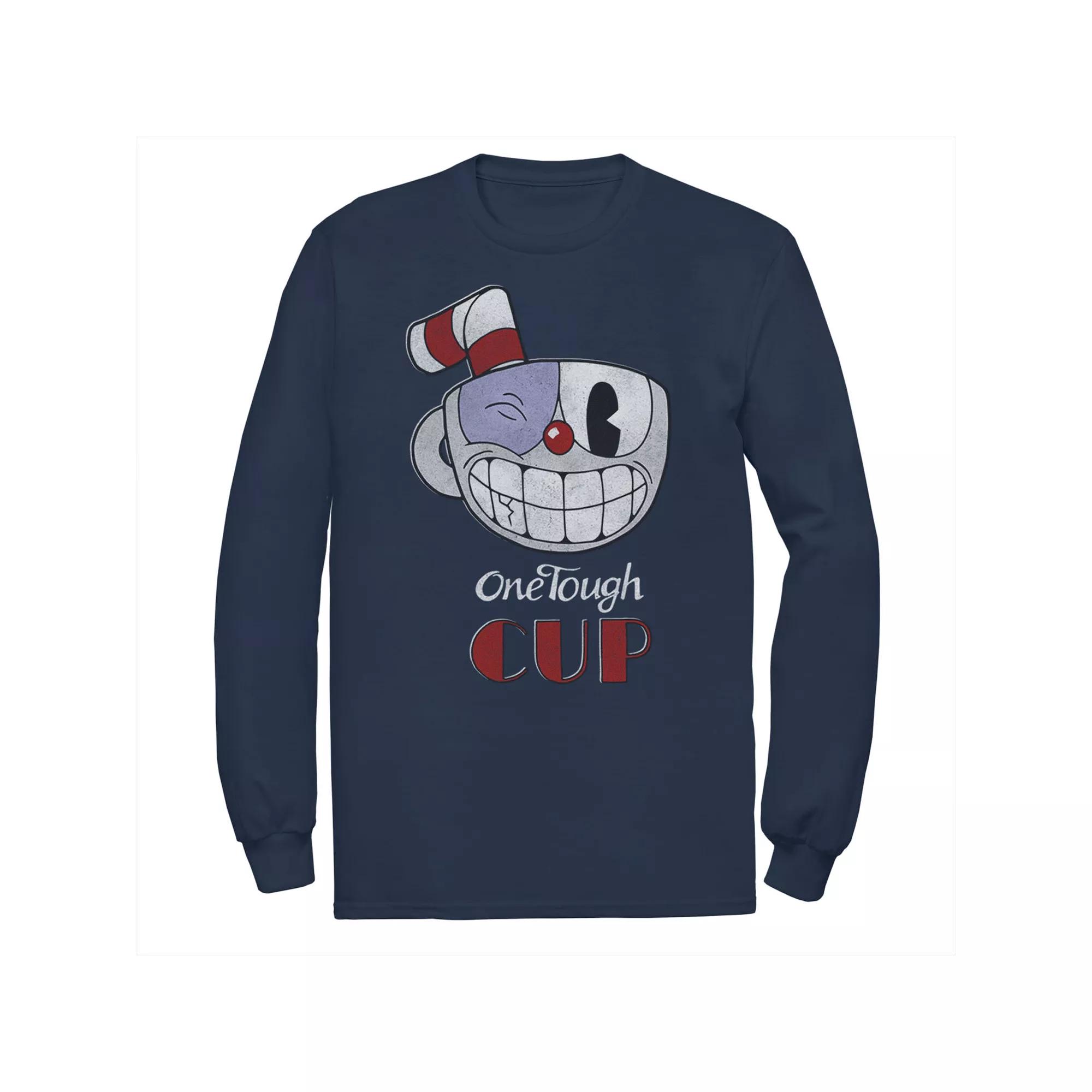 Mens Cuphead One Tough Cup Black Eye Wink Long Sleeve Graphic Tee Blue Product Image
