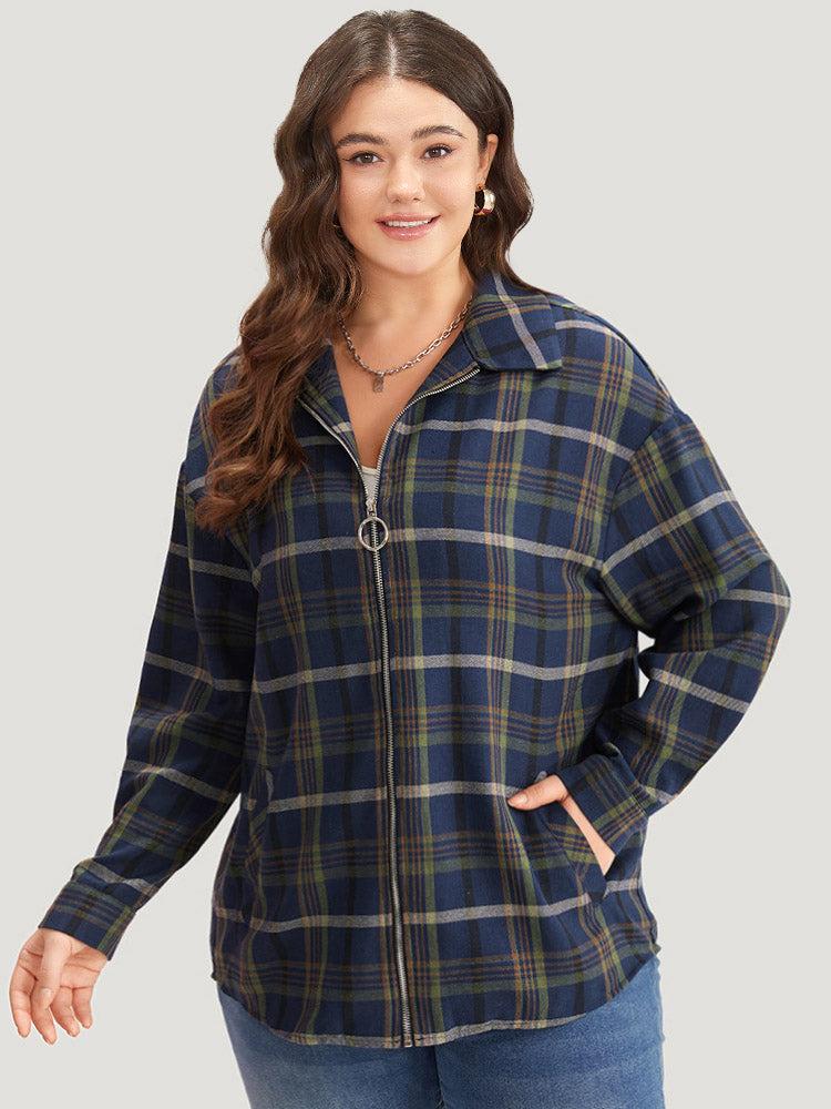 Plaid Lapel Collar Pocket Zipper Fly Coat Female Product Image