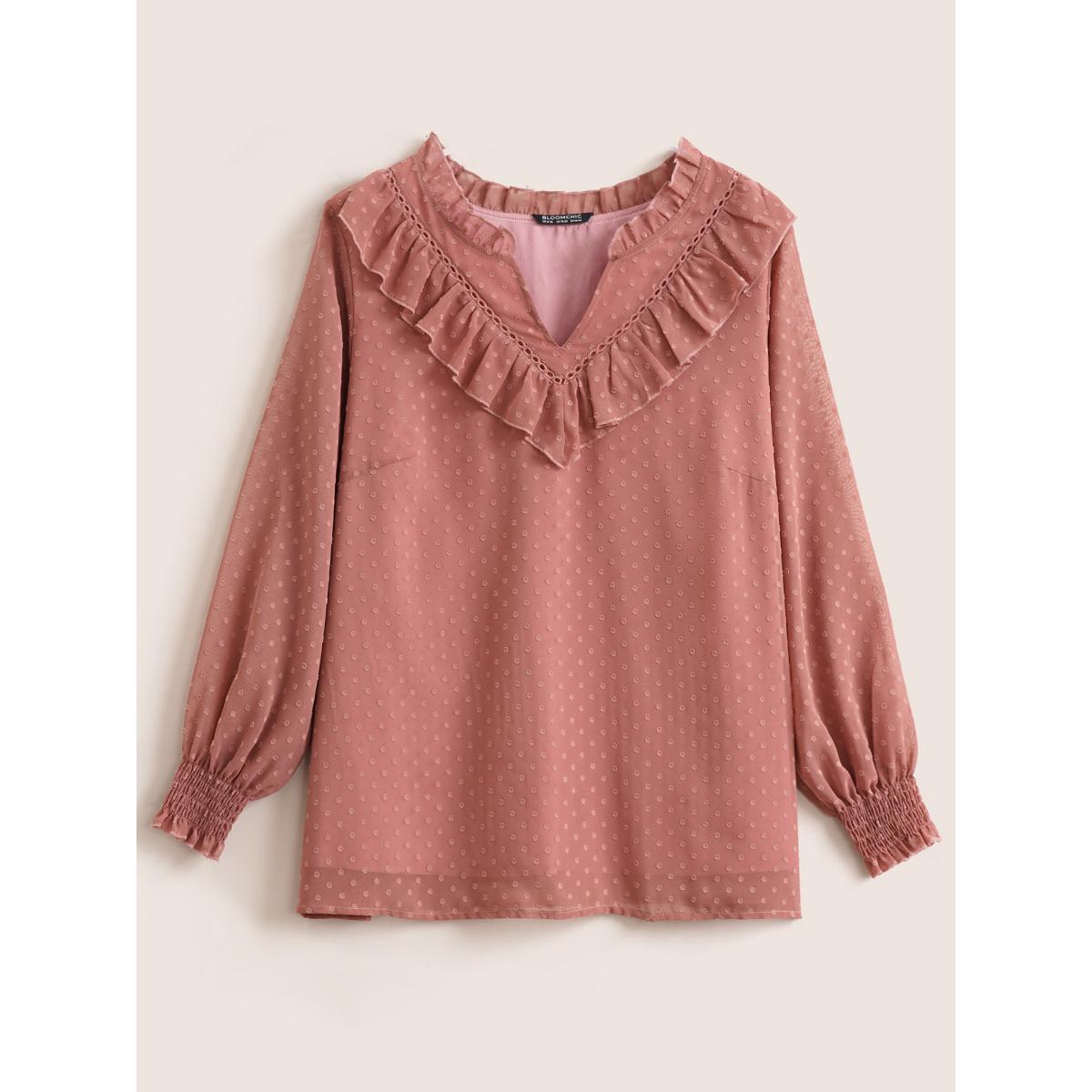 Plus Size DustyPink Texture Shirred Lace Patchwork Frill Trim Blouse Women Elegant Long Sleeve V-neck Everyday Blouses BloomChic 28/5X Product Image