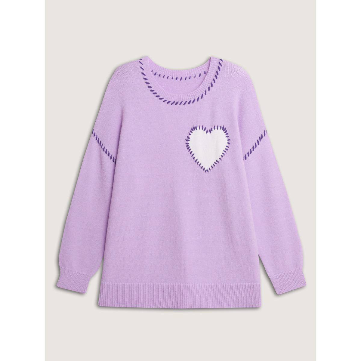 Plus Size Heart Pattern Jacquard Color Contrast Stitch Pullover Lilac Women Playful Loose Long Sleeve Round Neck Casual Pullovers BloomChic 10/M Product Image