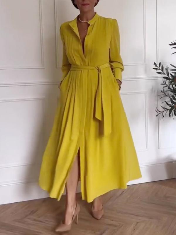 A-Line Long Sleeves Buttoned Pleated Pockets Solid Color Tied Waist V-Neck Maxi Dresses Product Image