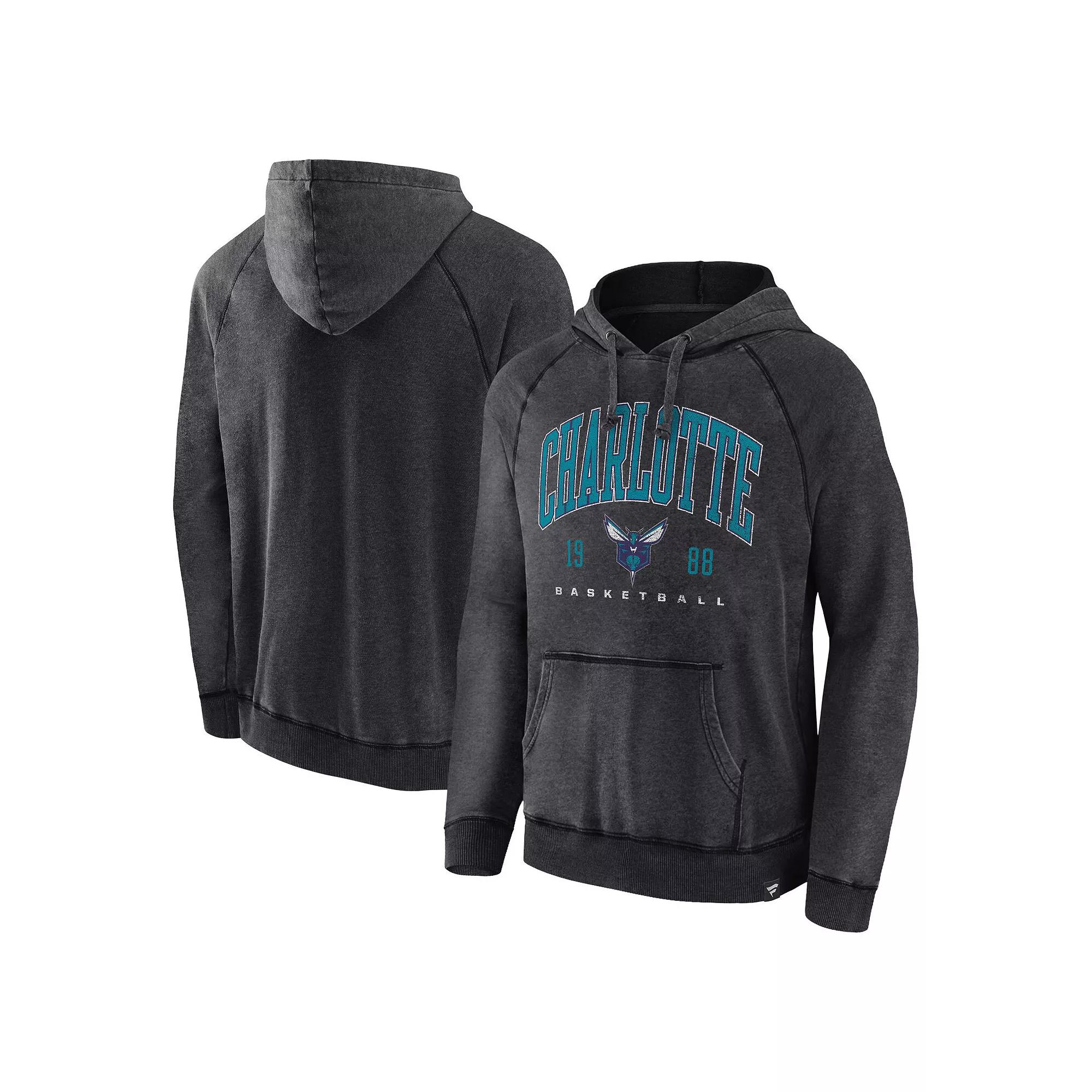 Men's Fanatics Branded Heather Charcoal Charlotte Hornets Foul Trouble Snow Wash Raglan Pullover Hoodie,  Product Image