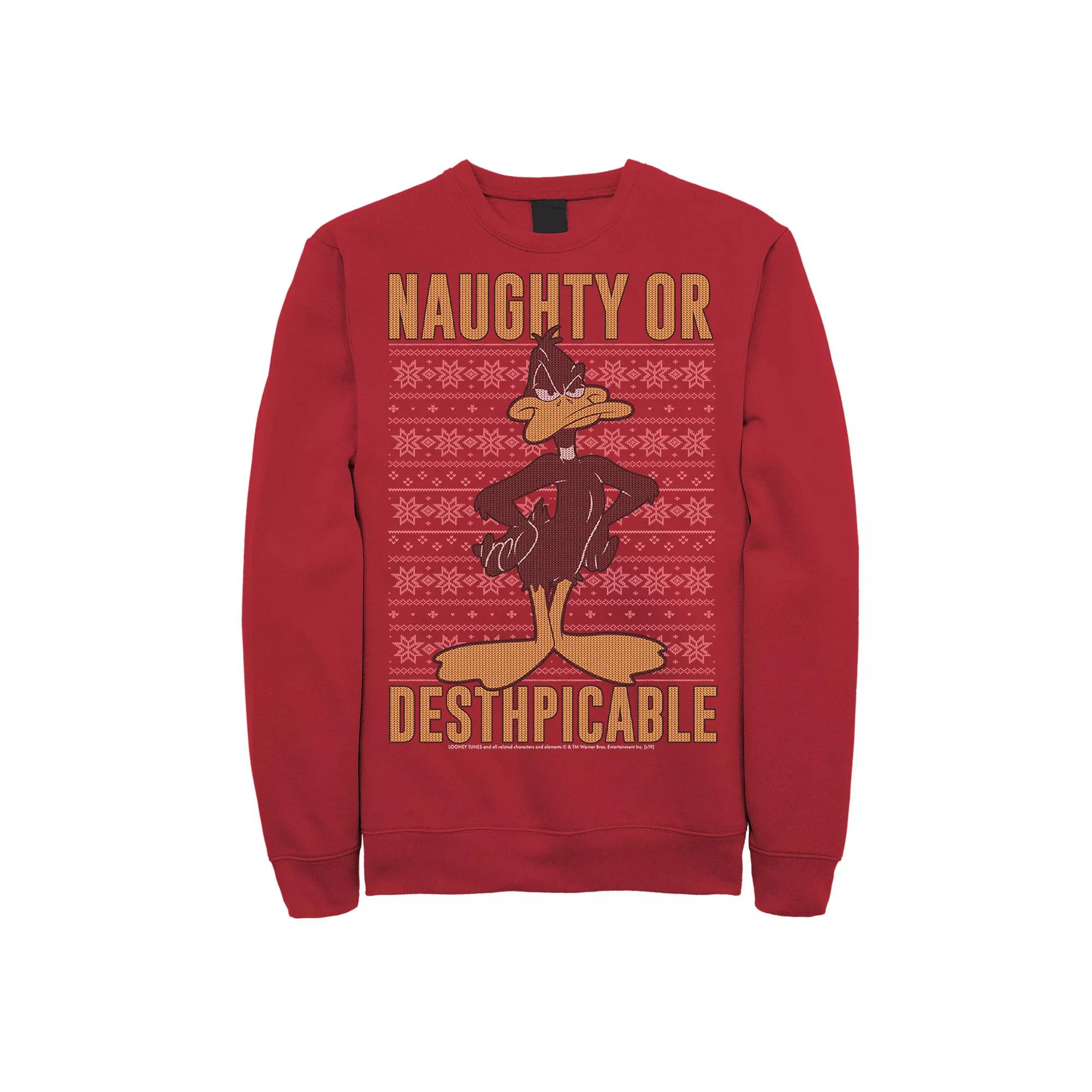 Men's Looney Tunes Christmas Sweater Daffy Naughty Or Desthpicable Graphic Fleece, Size: XXL, Red Product Image