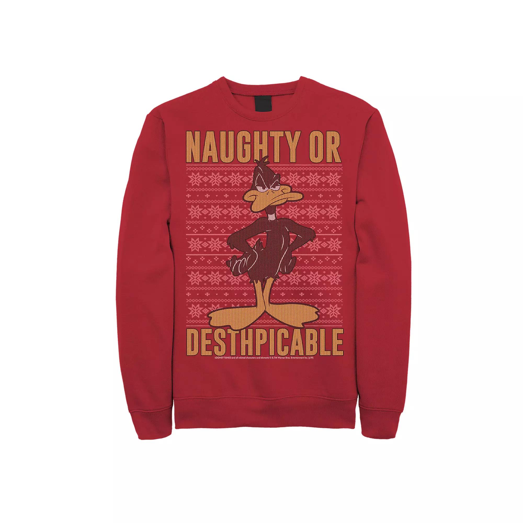 Men's Looney Tunes Christmas Sweater Daffy Naughty Or Desthpicable Graphic Fleece, Size: XXL, Red Product Image
