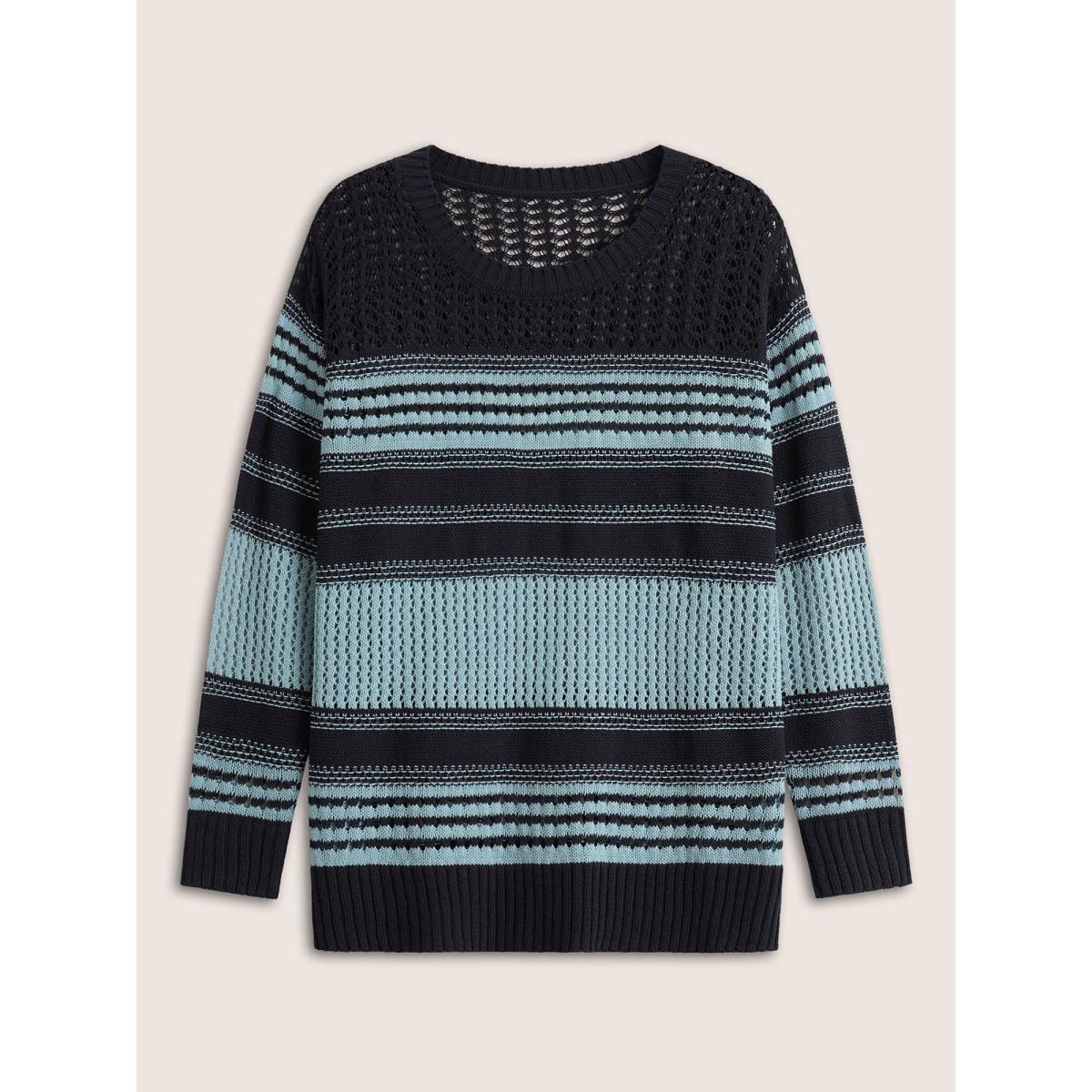 Plus Size Striped Colorblock Patchwork Split Side Pullover LightBlue Women Casual Long Sleeve Round Neck Everyday Pullovers BloomChic 10/M Product Image
