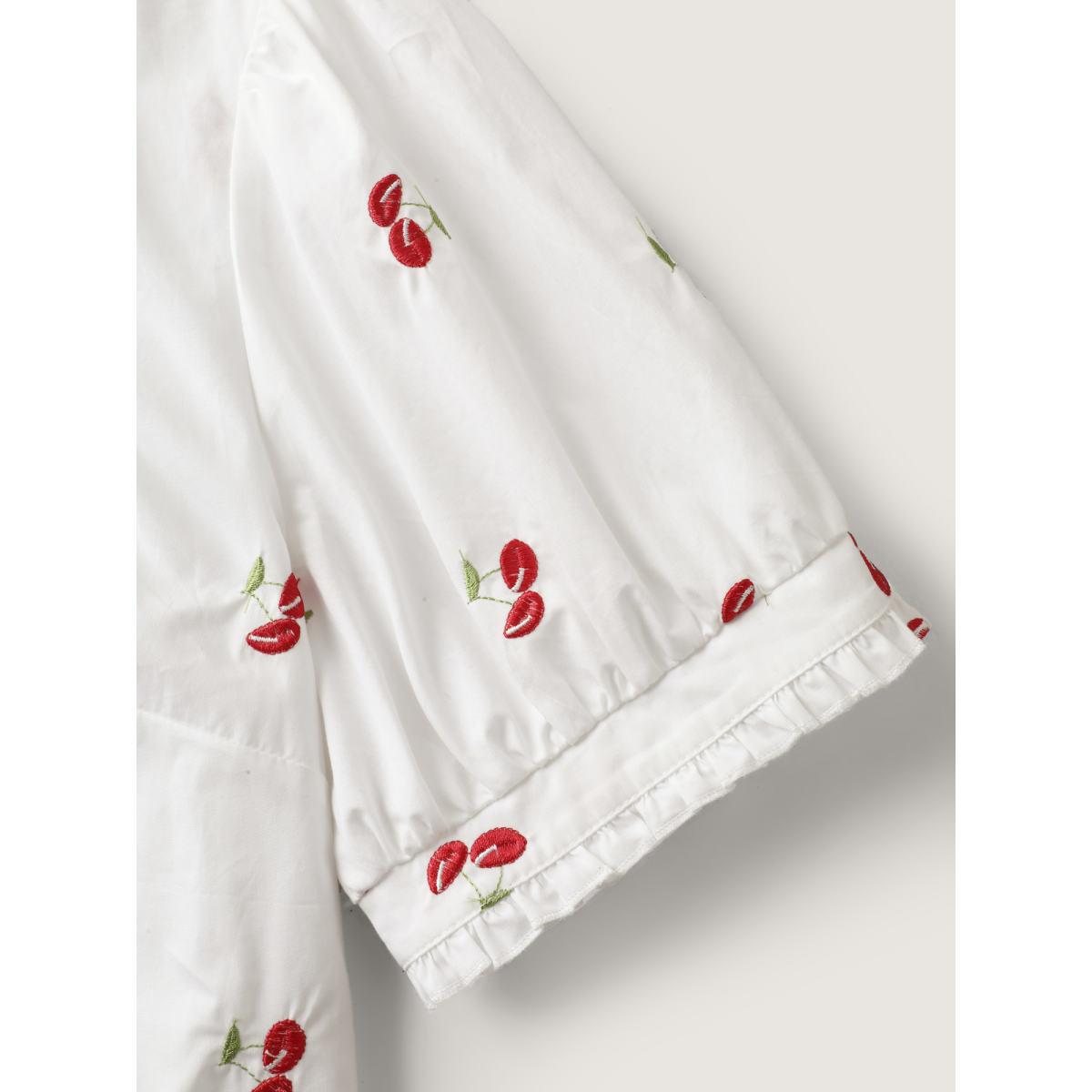 Plus Size WhiteSmoke Cotton Cherry Embroidery Ruffled Neck Blouse Women Timeless Short sleeve Round Neck Elegant Blouses BloomChic 18-20/2X Product Image