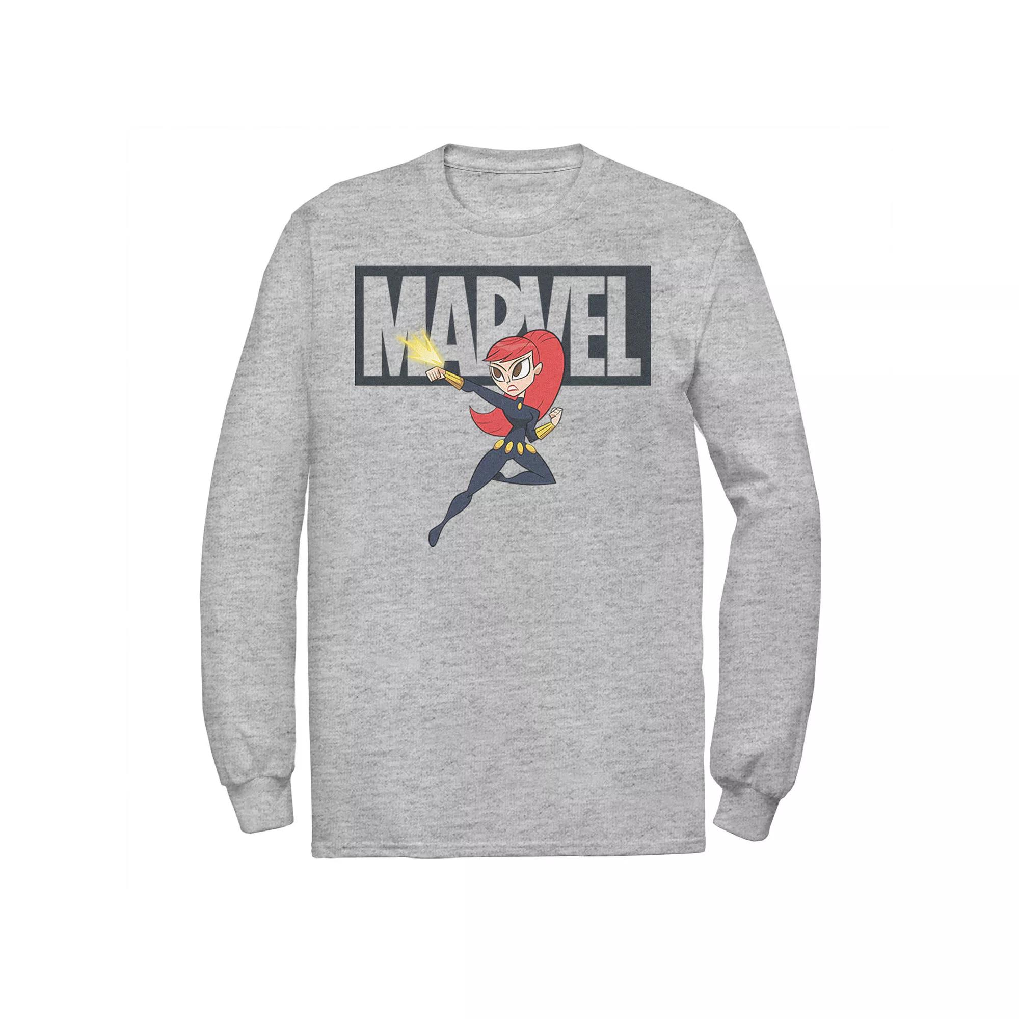 Men's Marvel Black Widow Chibi Action Pose Logo Outline Tee,  Product Image