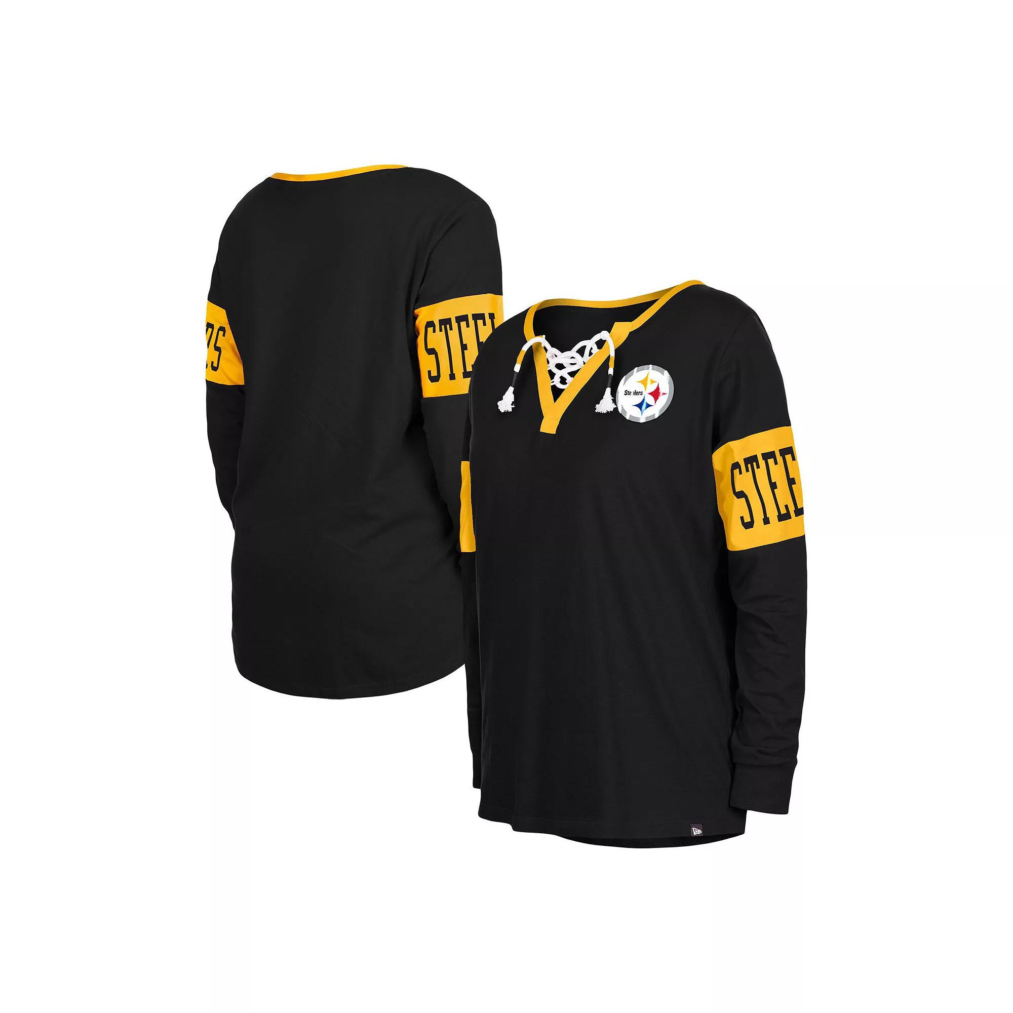 Women's New Era Black Pittsburgh Steelers Lace-Up Notch Neck Long Sleeve T-Shirt,  Product Image