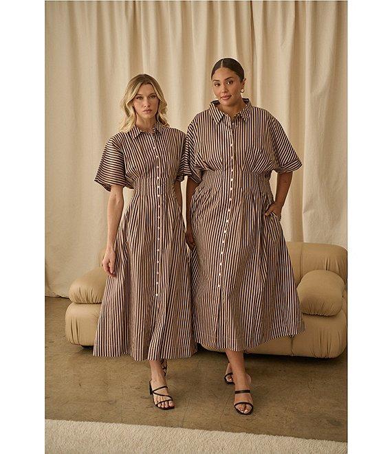 Sugarlips Striped Point Collar Dolman Sleeves Pleated Smocked Button Front Cotton Poplin Dress Product Image